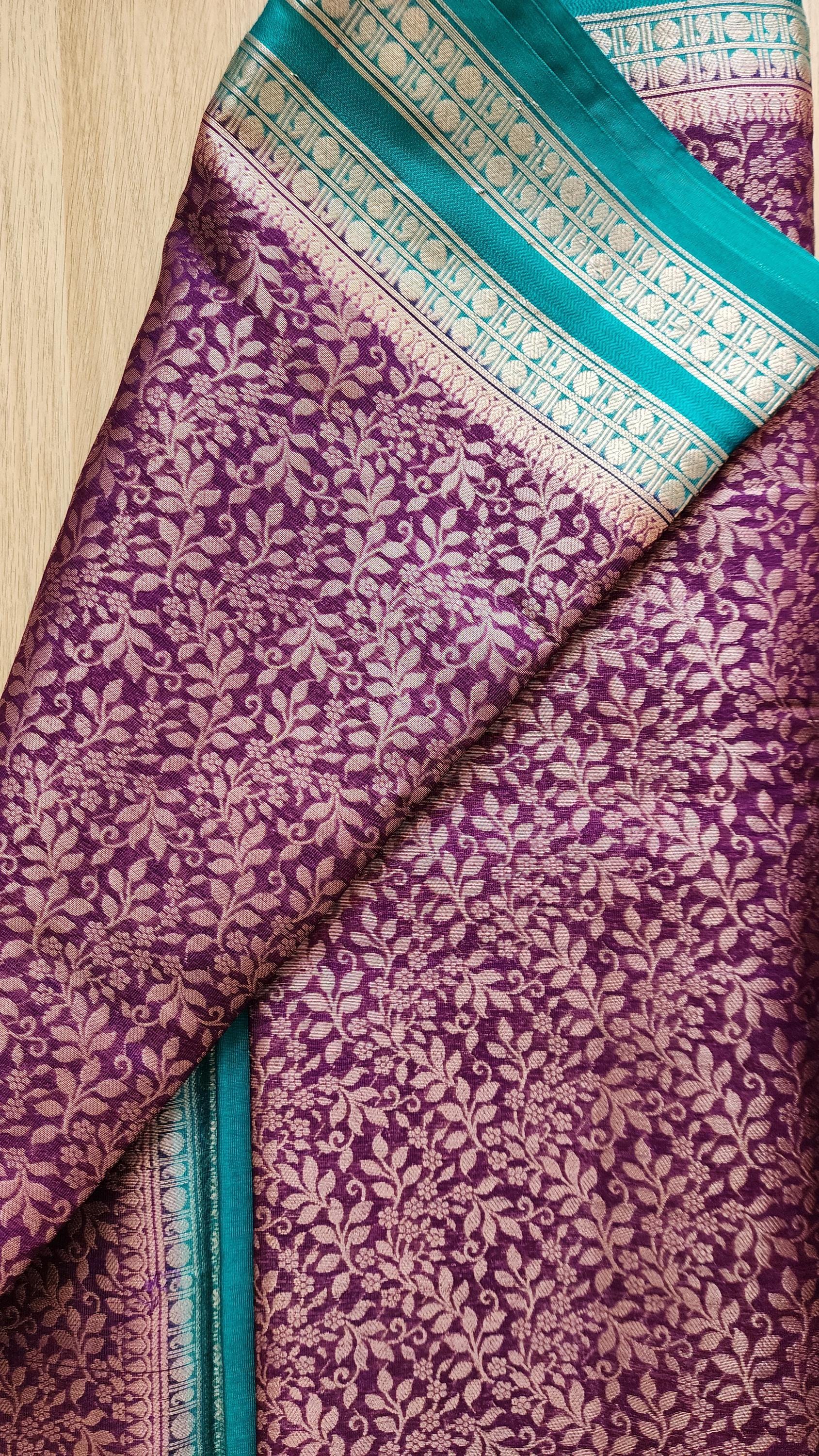 Royal Purple and Teal Banarasi Silk Saree with gold Floral Brocade