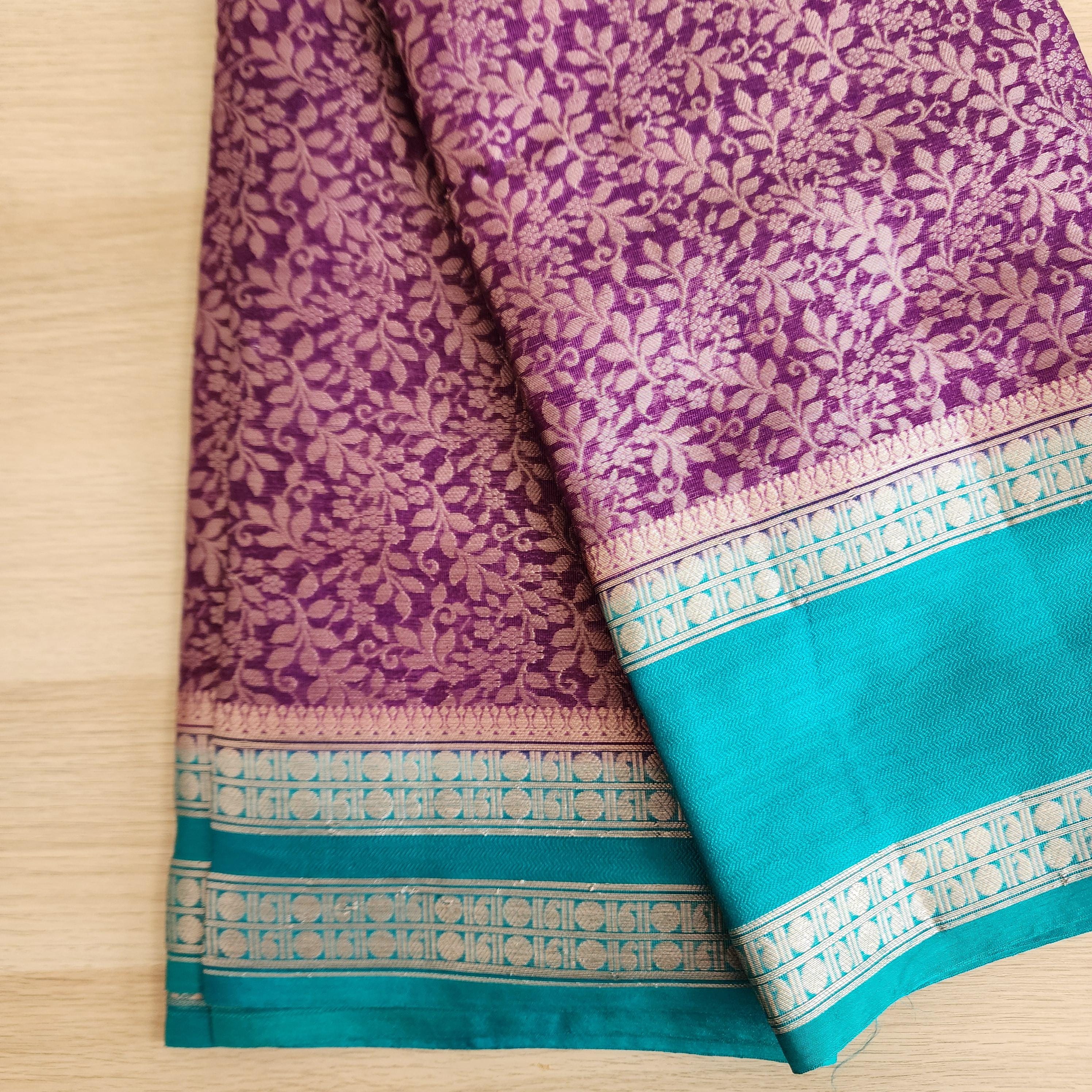 Royal Purple and Teal Banarasi Silk Saree with gold Floral Brocade