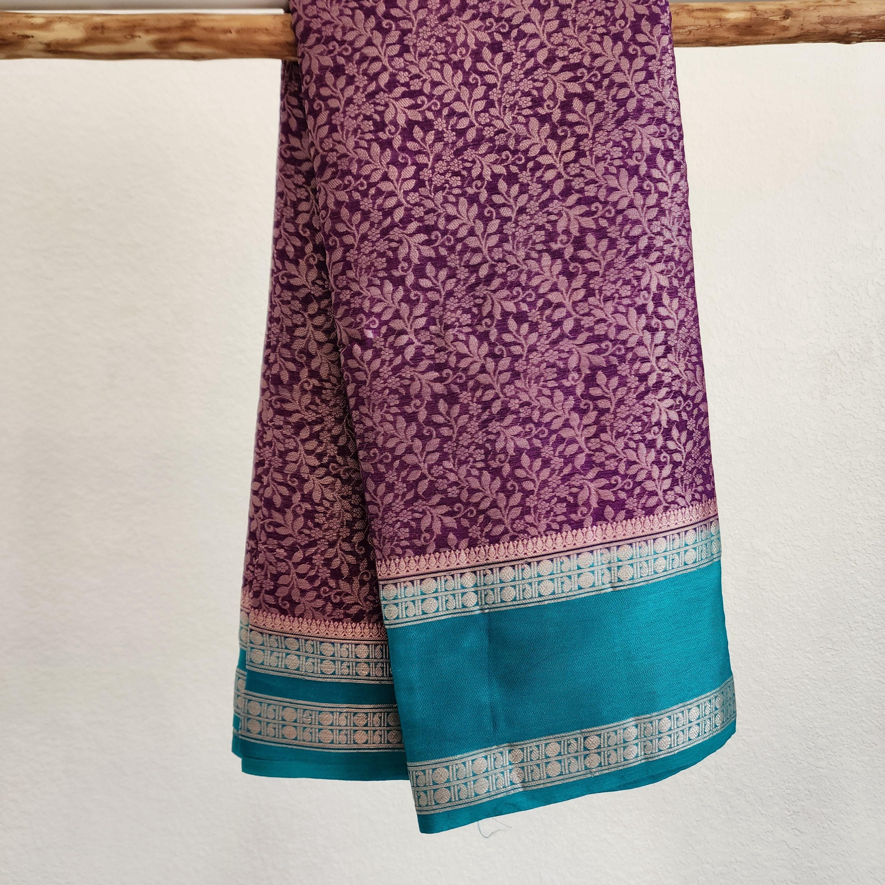Royal Purple and Teal Banarasi Silk Saree with gold Floral Brocade