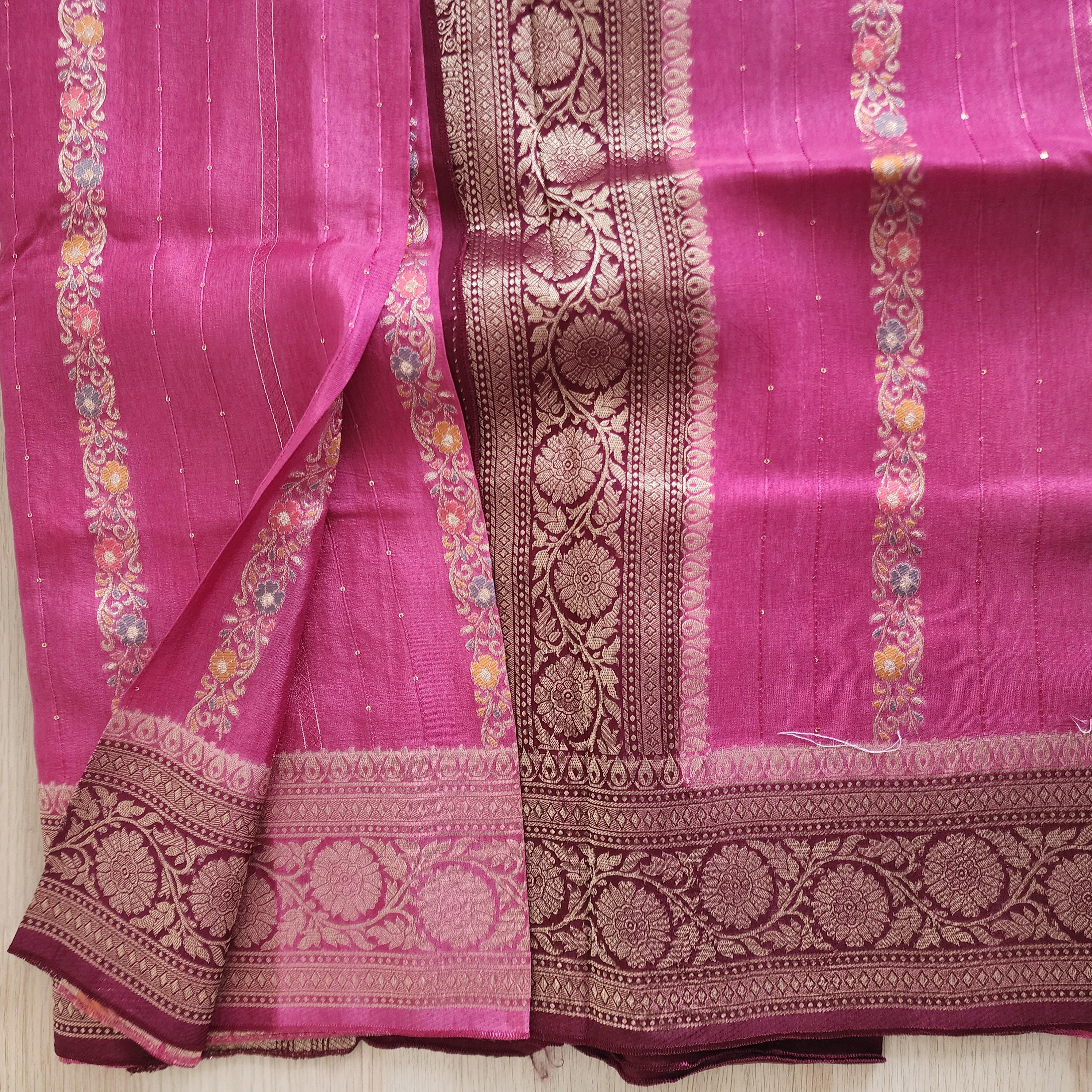 Pink Banarasi Dola Silk Saree with Maroon Border & Floral meenakari stripes
