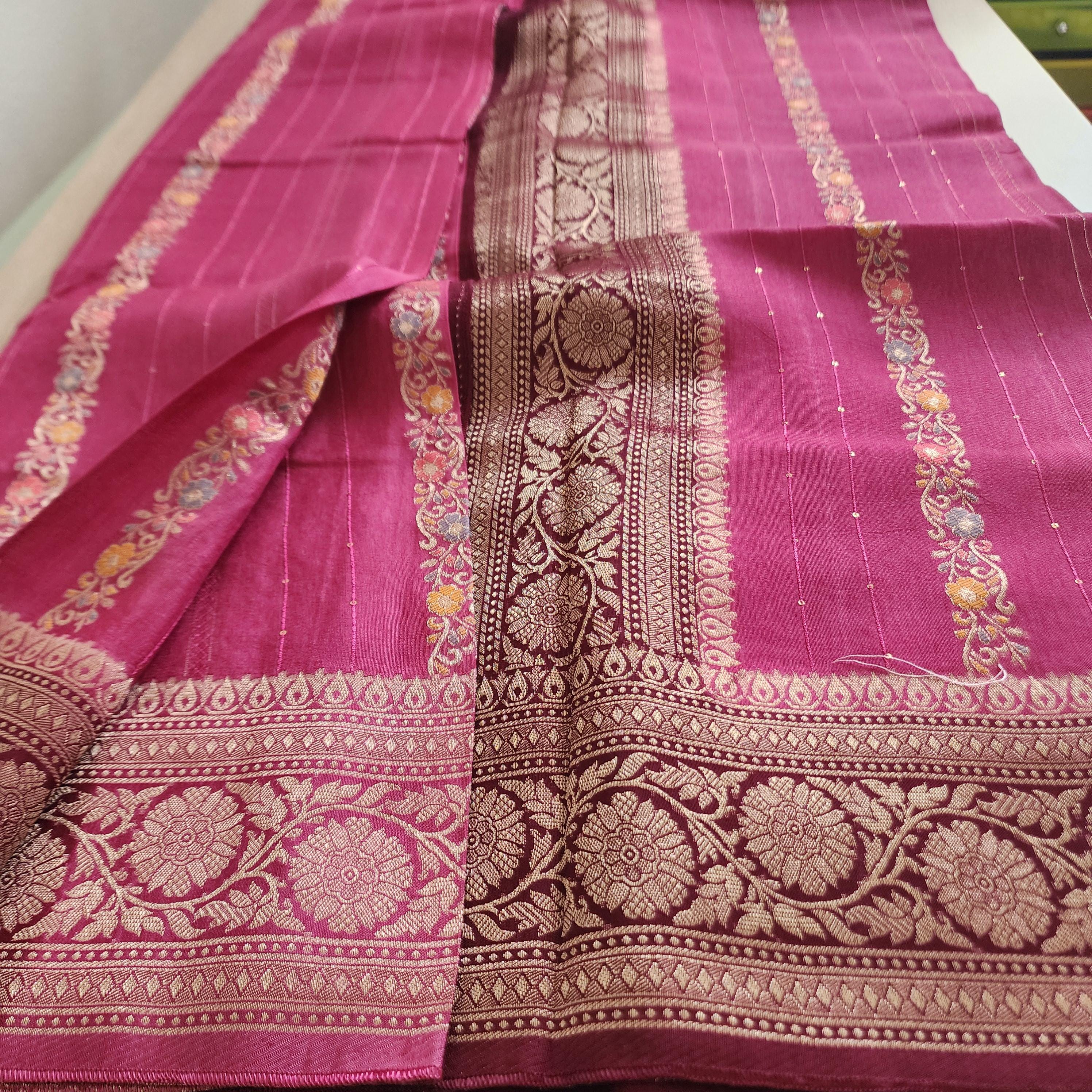 Pink Banarasi Dola Silk Saree with Maroon Border & Floral meenakari stripes