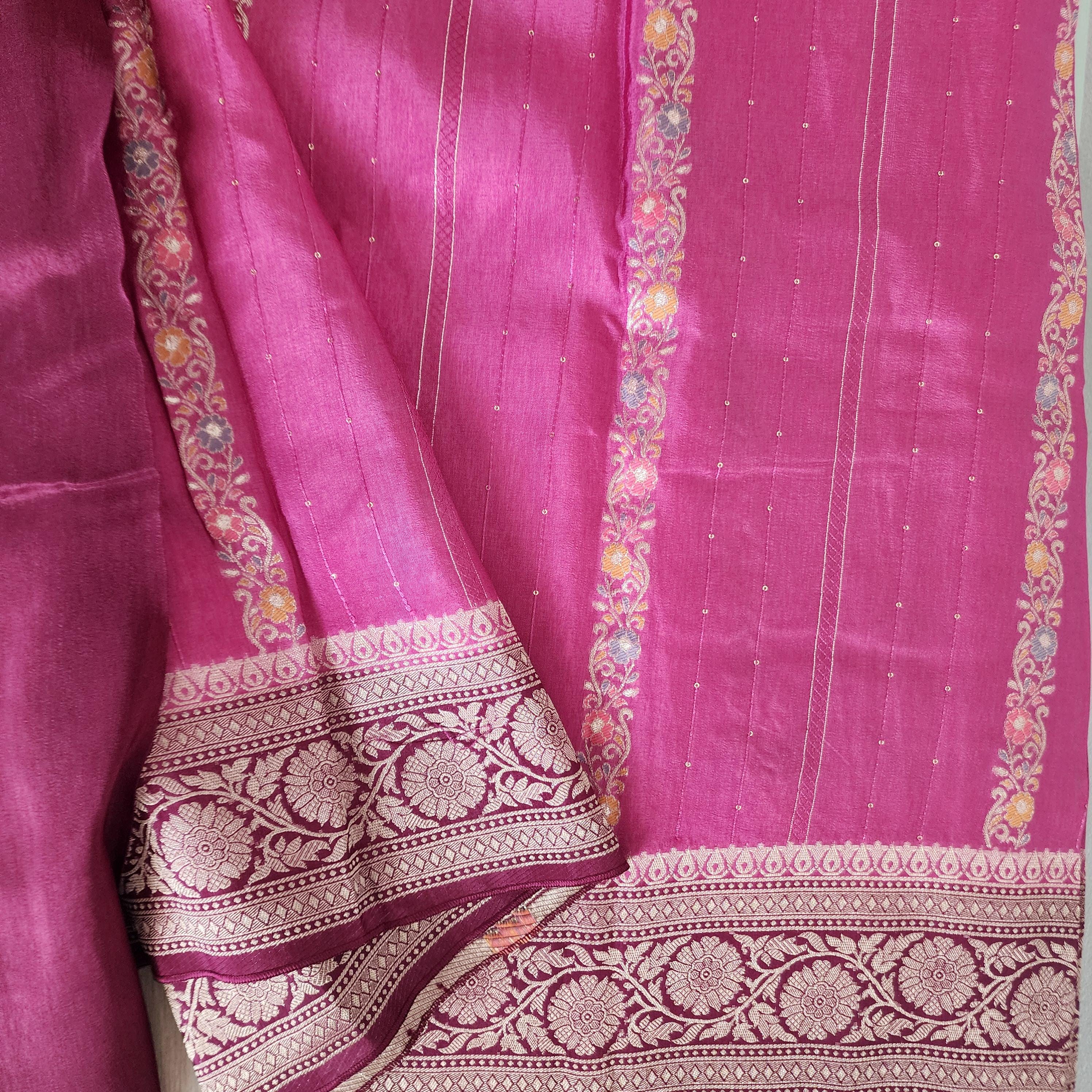 Pink Banarasi Dola Silk Saree with Maroon Border & Floral meenakari stripes