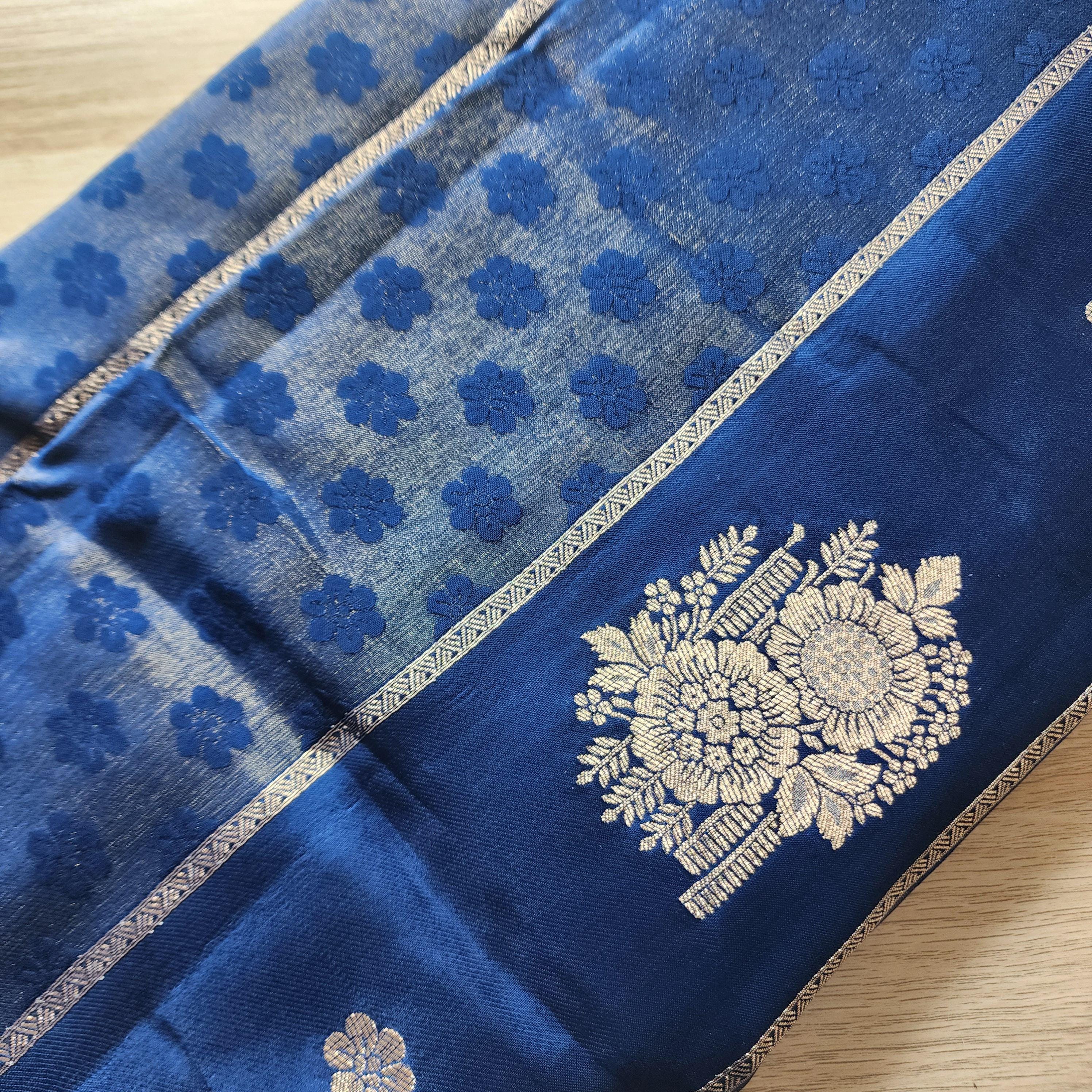 Royal Blue Muhsroo Tissue Patta Banarasi Silk Saree with Floral Zari Motifs