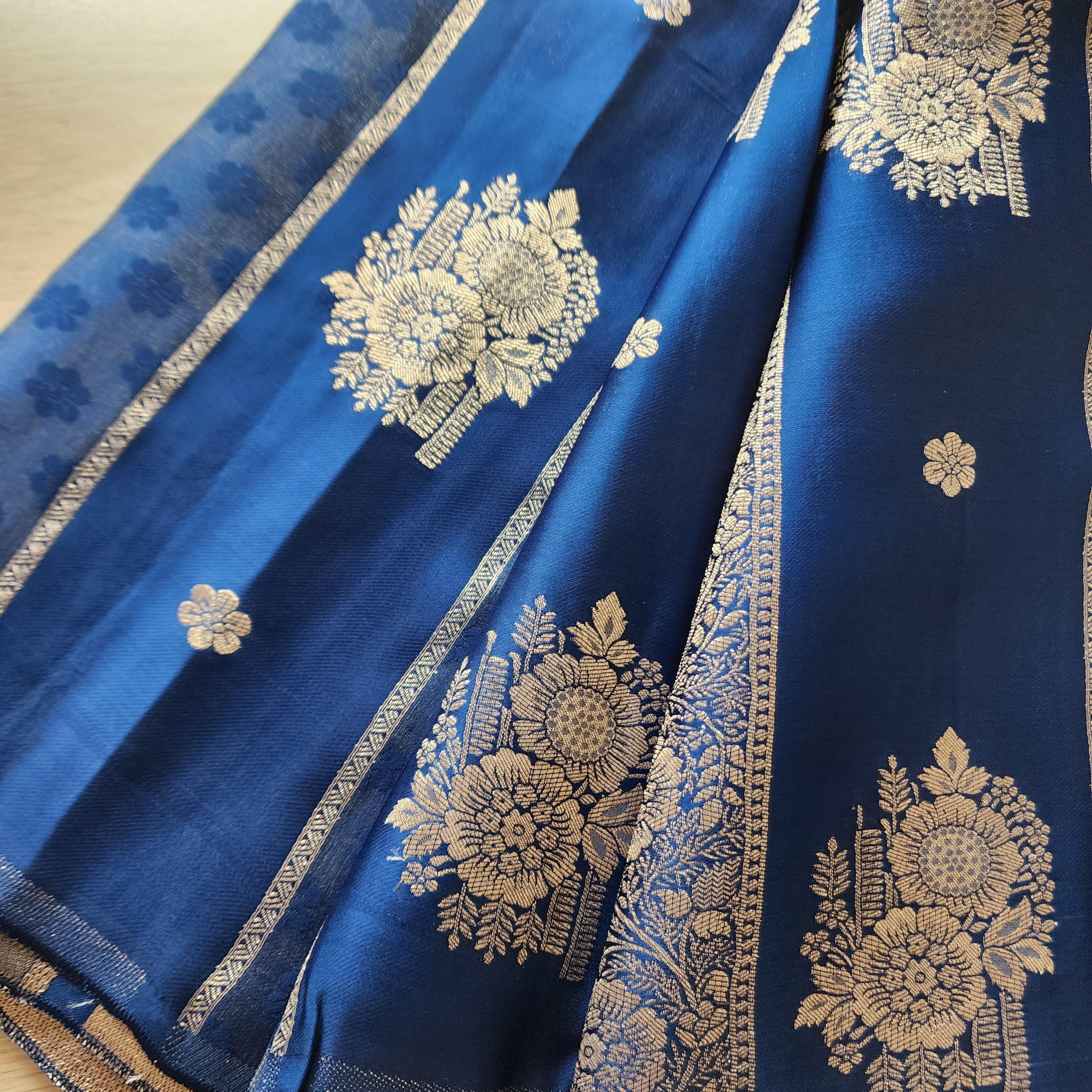 Royal Blue Muhsroo Tissue Patta Banarasi Silk Saree with Floral Zari Motifs