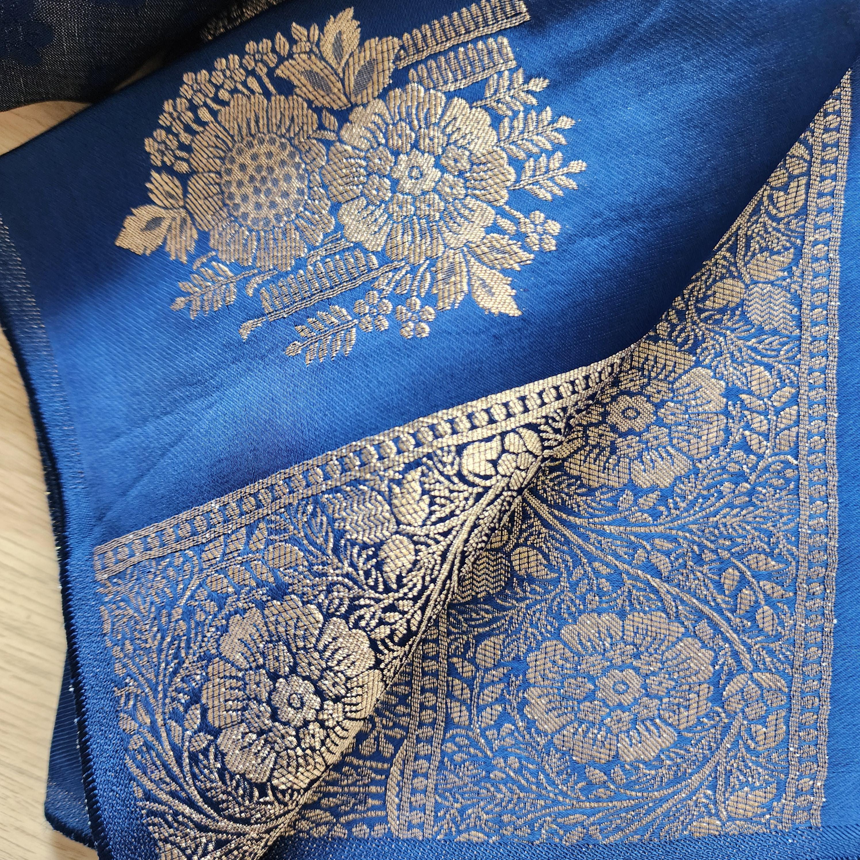 Royal Blue Muhsroo Tissue Patta Banarasi Silk Saree with Floral Zari Motifs