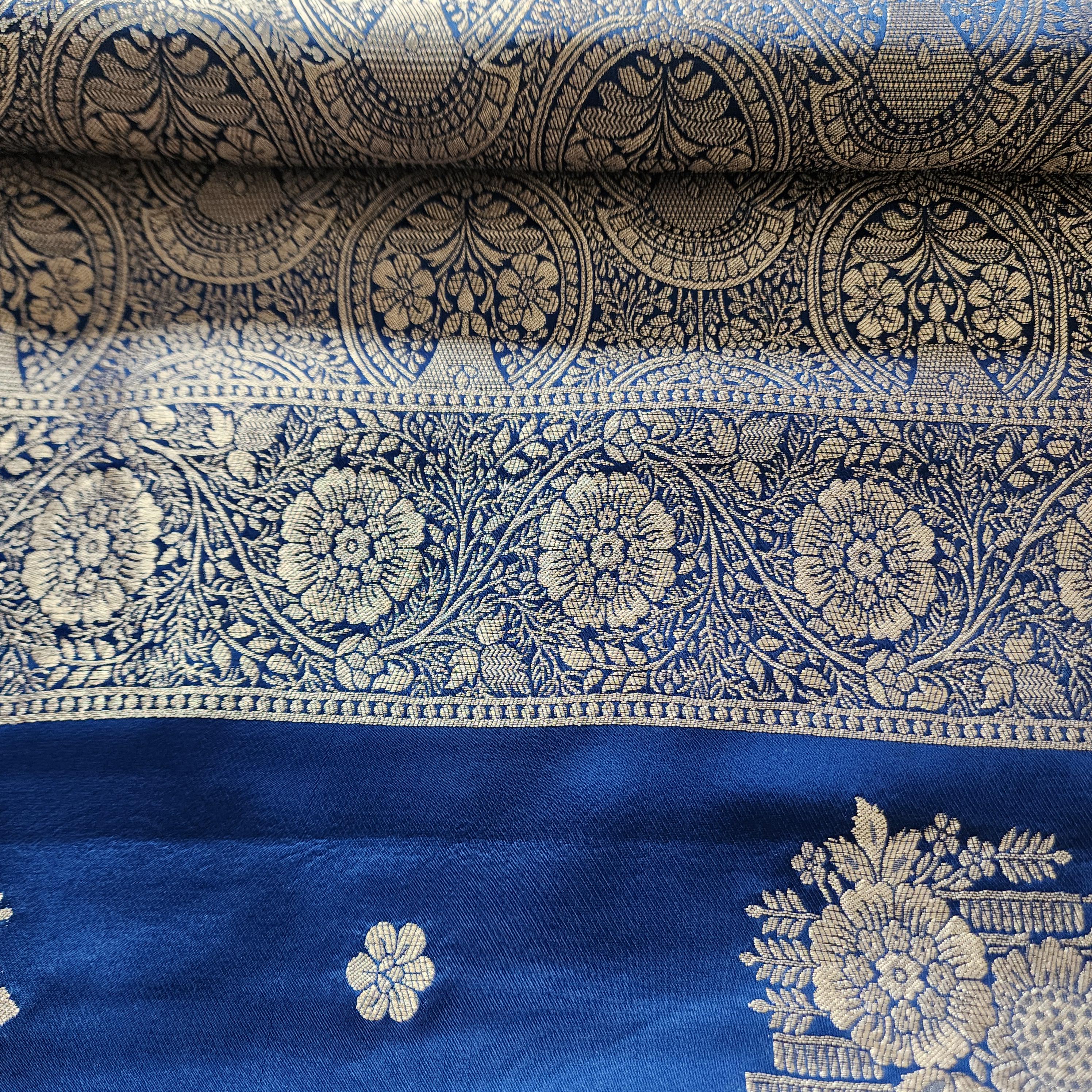 Royal Blue Muhsroo Tissue Patta Banarasi Silk Saree with Floral Zari Motifs