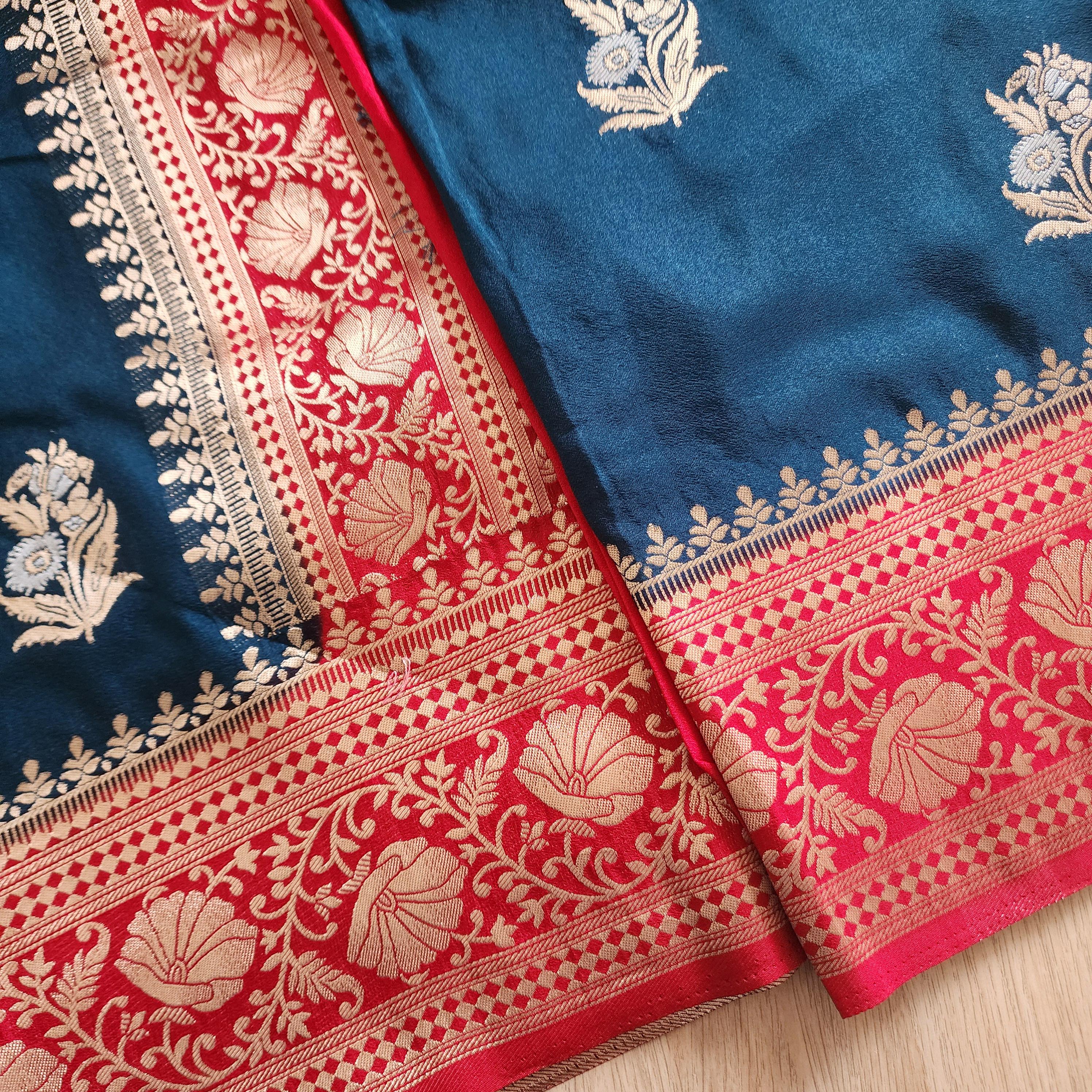 Elegant Peacock Blue Banarasi Mashru Silk Saree with traditional Red border & Pallu