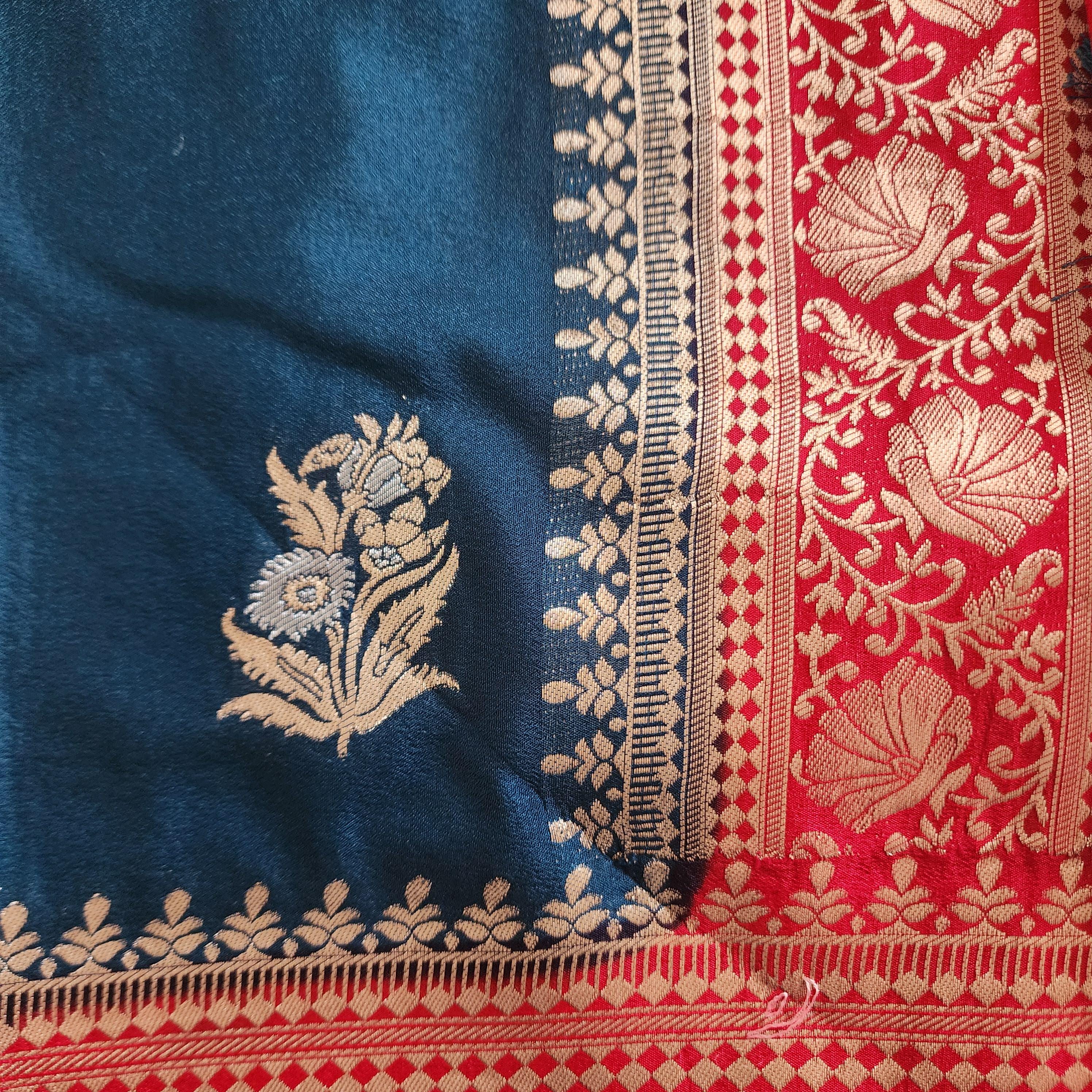 Elegant Peacock Blue Banarasi Mashru Silk Saree with traditional Red border & Pallu