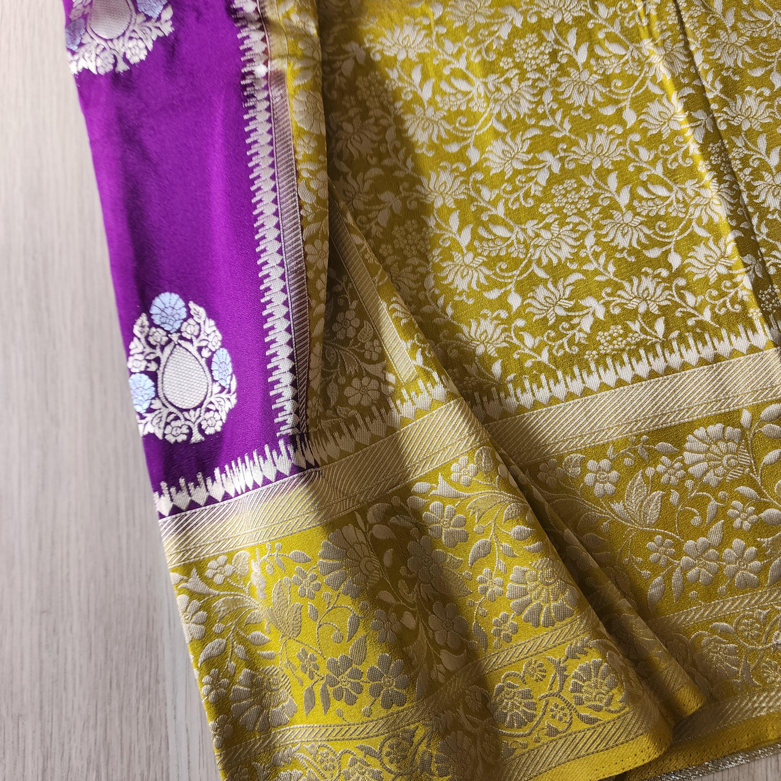 Banarasi Mashru Silk Saree with Silver Zari Handweaving