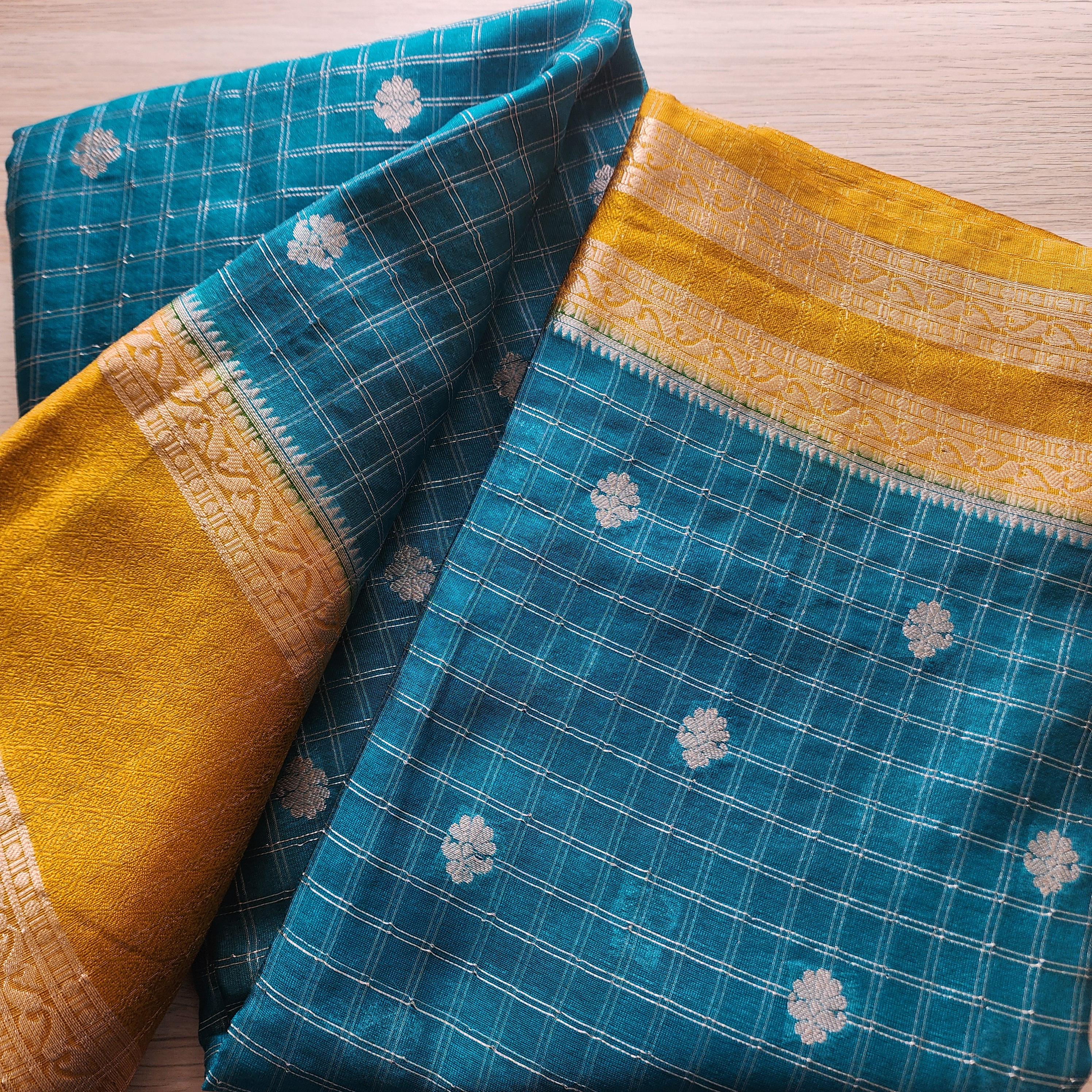 Banarasi Crepe Checks Buty in Teal & Gold Floral Motifs and Rich Border