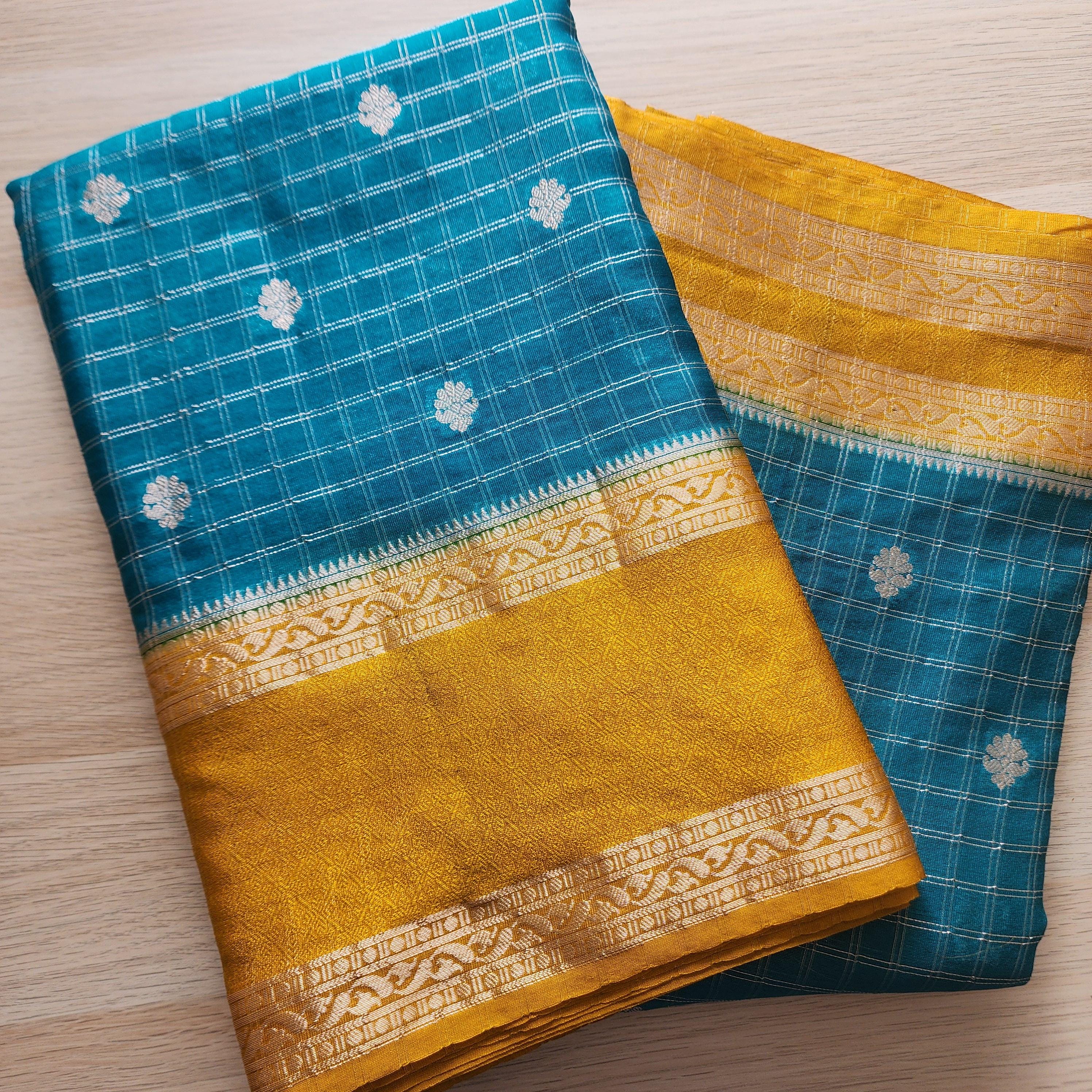 Banarasi Crepe Checks Buty in Teal & Gold Floral Motifs and Rich Border