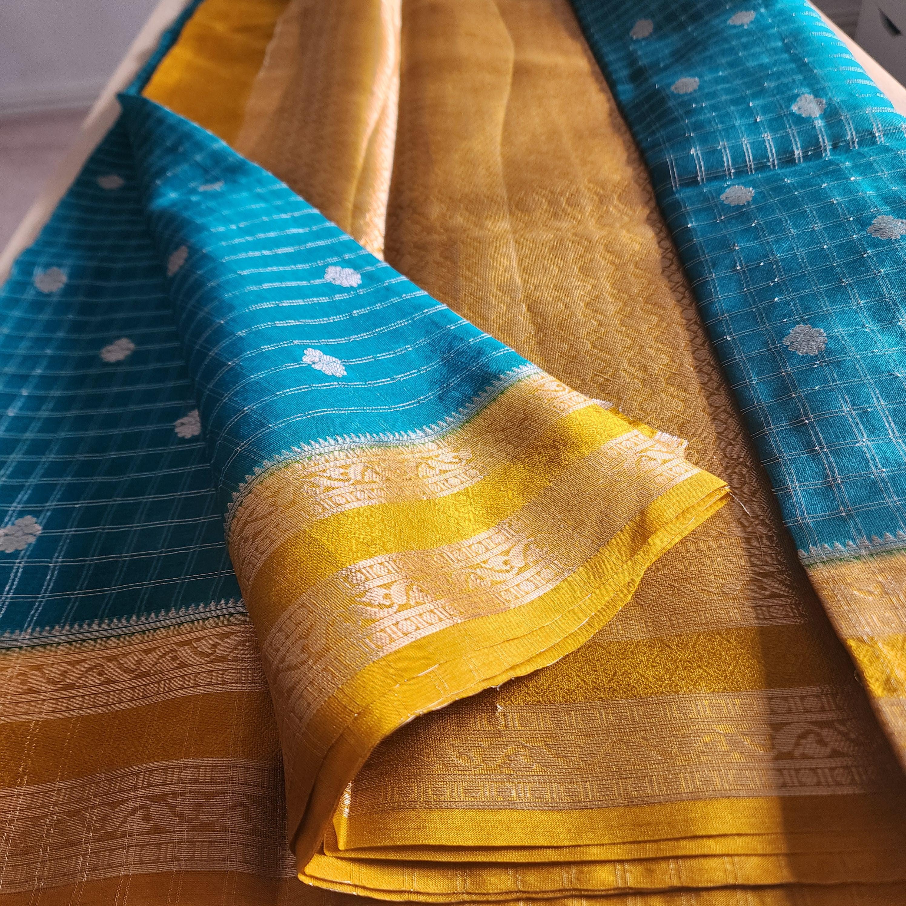 Banarasi Crepe Checks Buty in Teal & Gold Floral Motifs and Rich Border