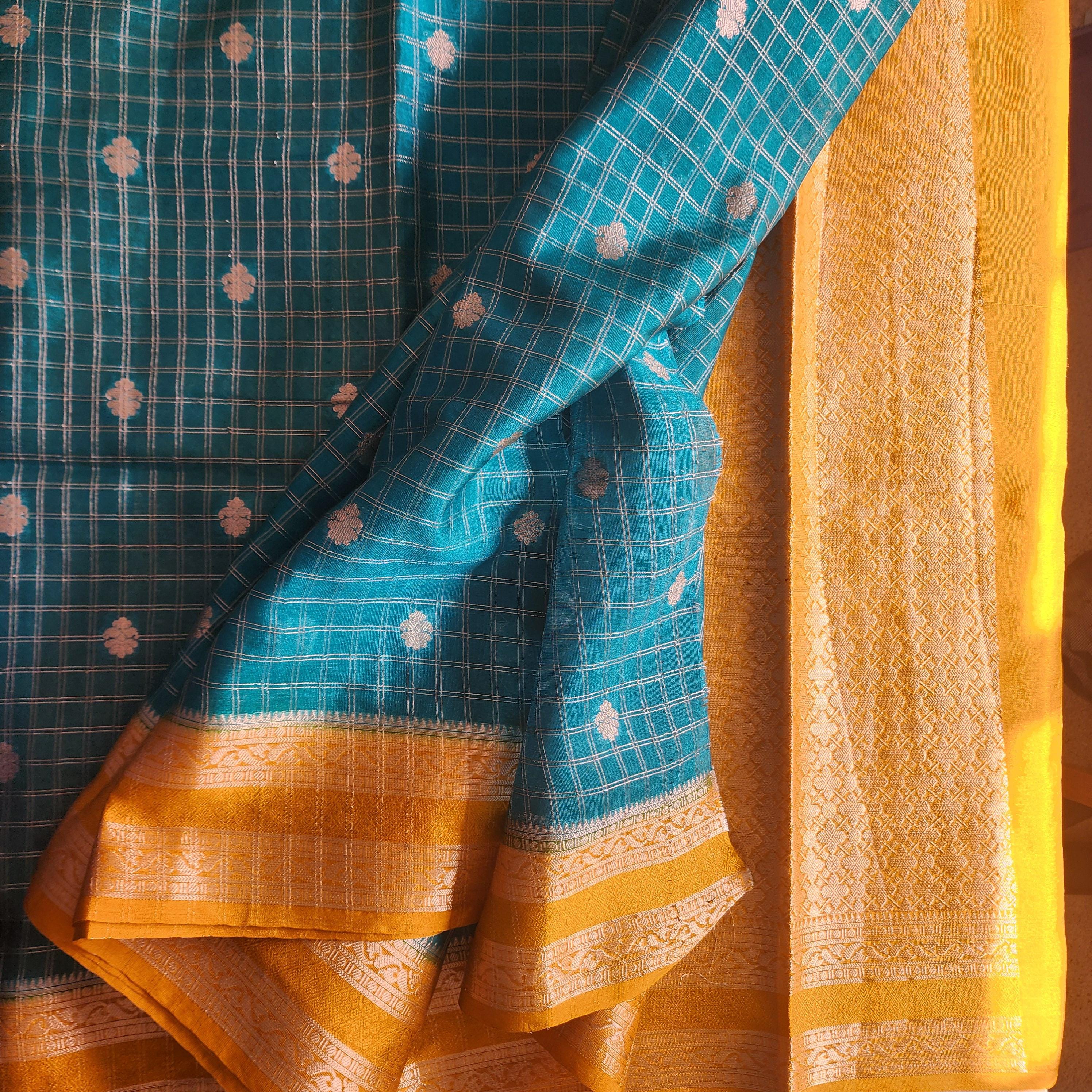 Banarasi Crepe Checks Buty in Teal & Gold Floral Motifs and Rich Border