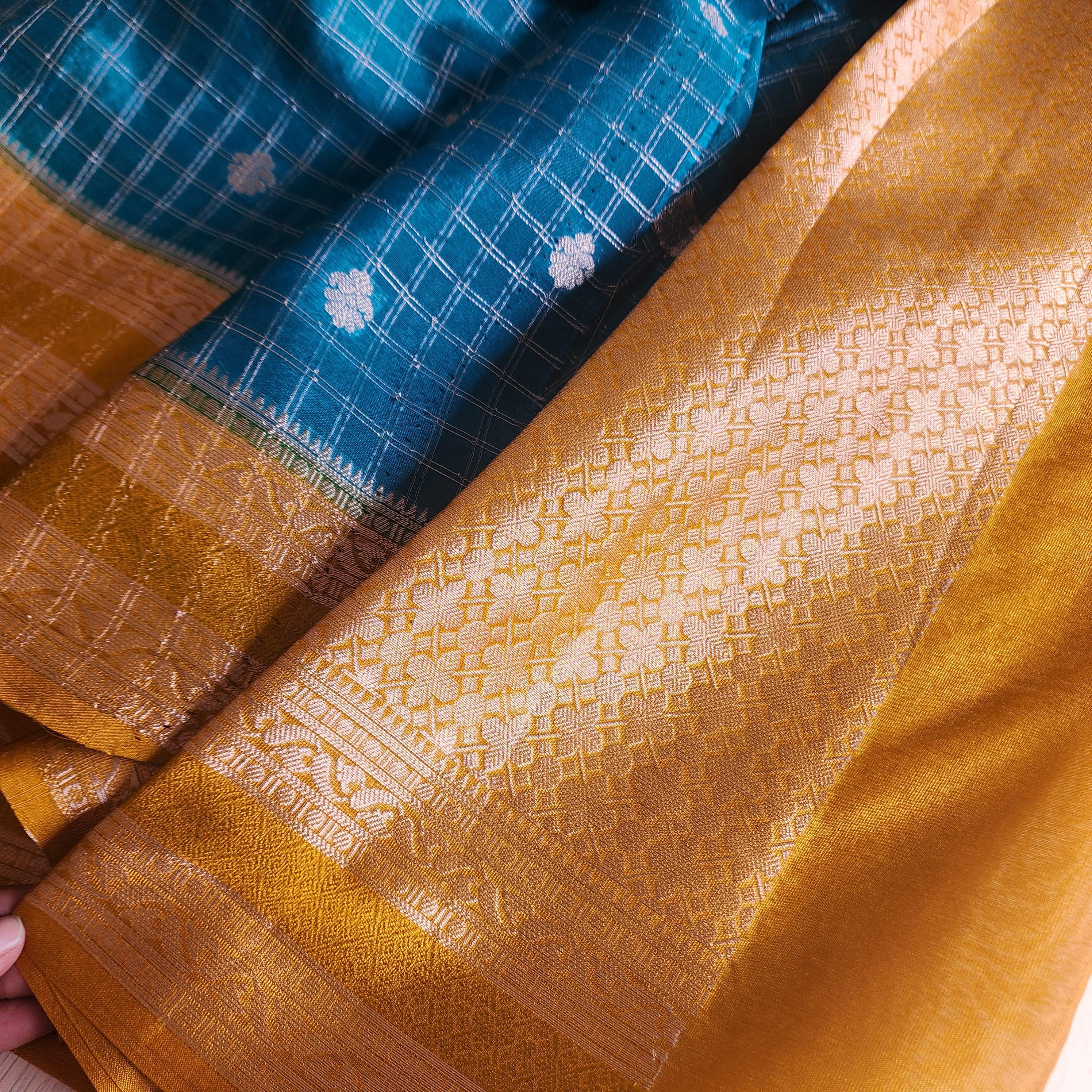 Banarasi Crepe Checks Buty in Teal & Gold Floral Motifs and Rich Border