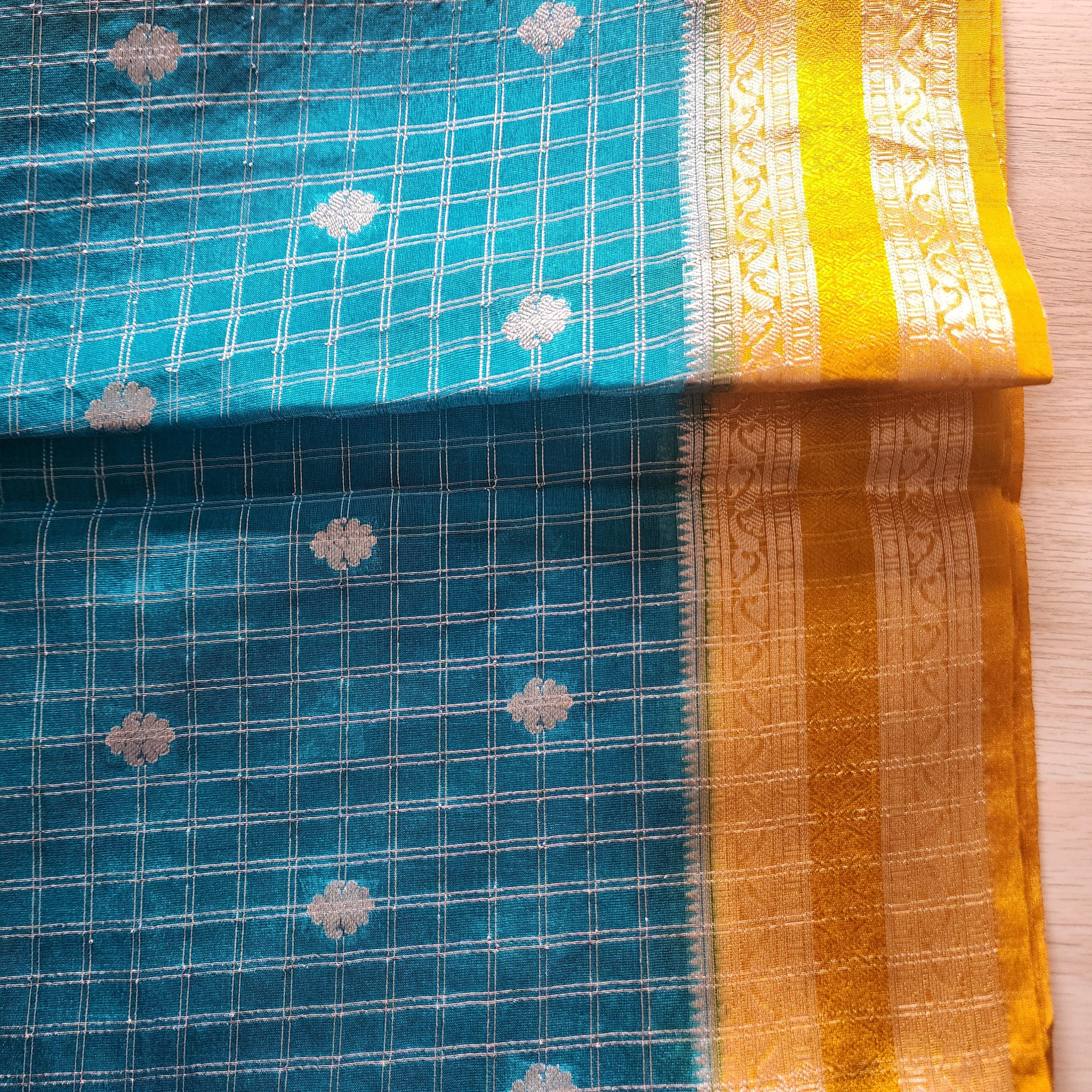 Banarasi Crepe Checks Buty in Teal & Gold Floral Motifs and Rich Border