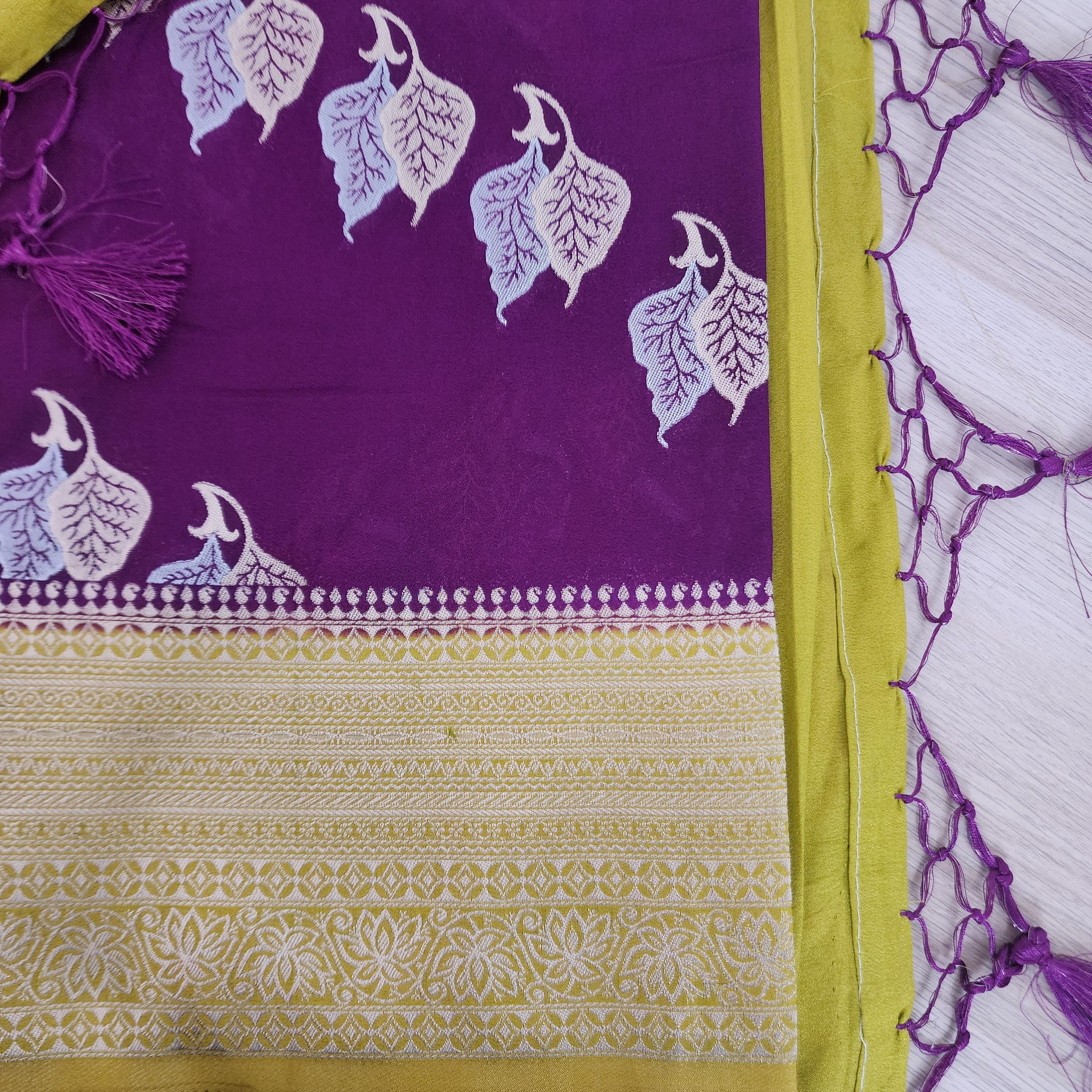 Regal Purple Mashru Silk Banarasi Saree with Leheriya Leaf pattern