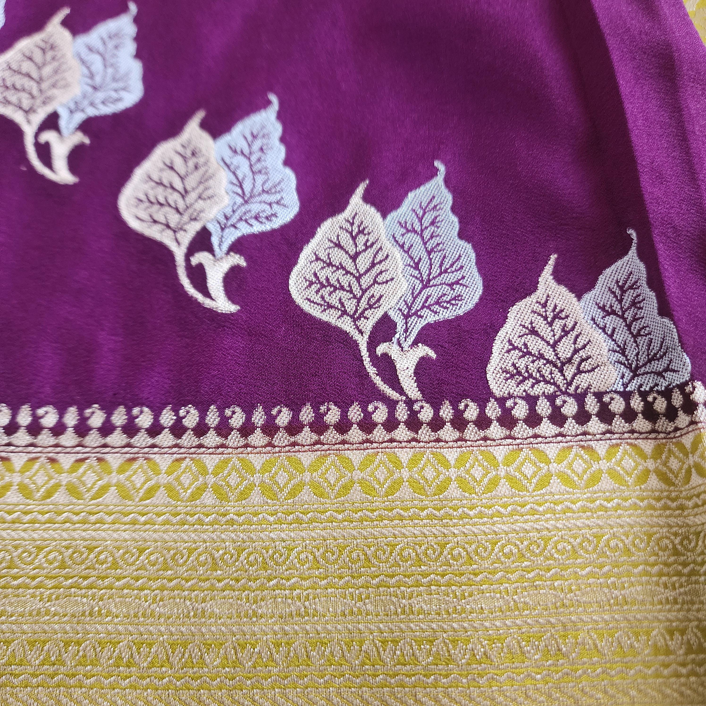 Regal Purple Mashru Silk Banarasi Saree with Leheriya Leaf pattern