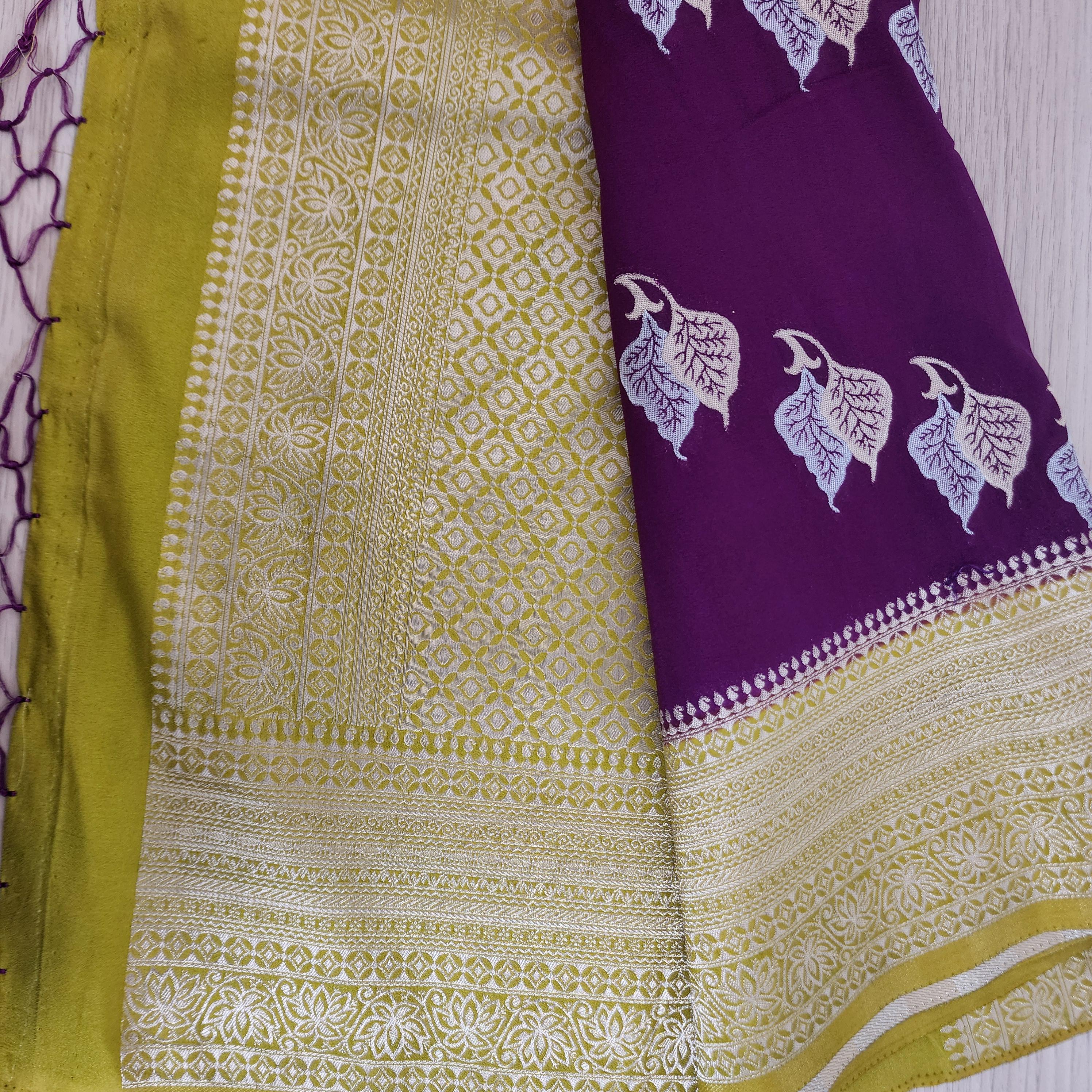 Regal Purple Mashru Silk Banarasi Saree with Leheriya Leaf pattern
