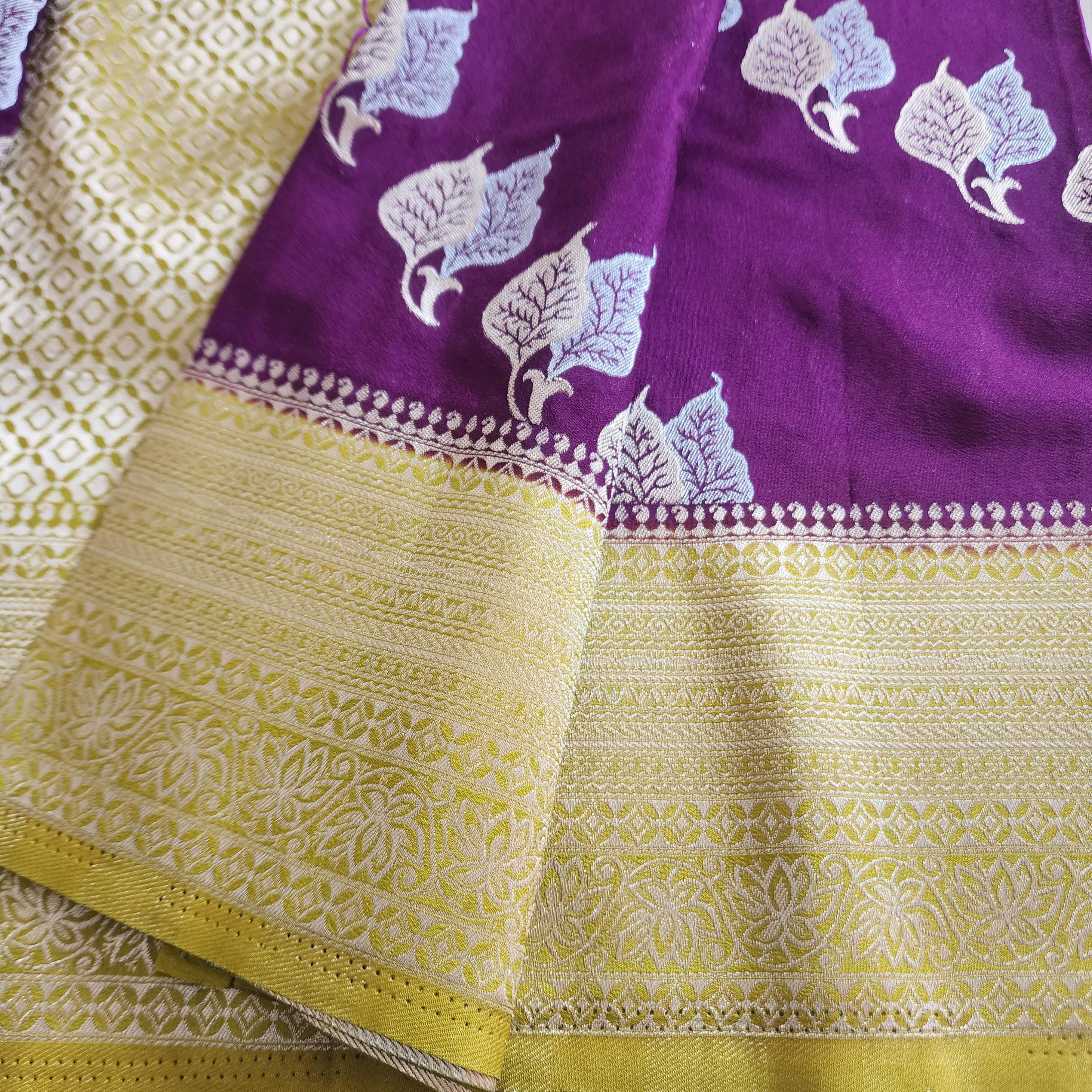 Regal Purple Mashru Silk Banarasi Saree with Leheriya Leaf pattern