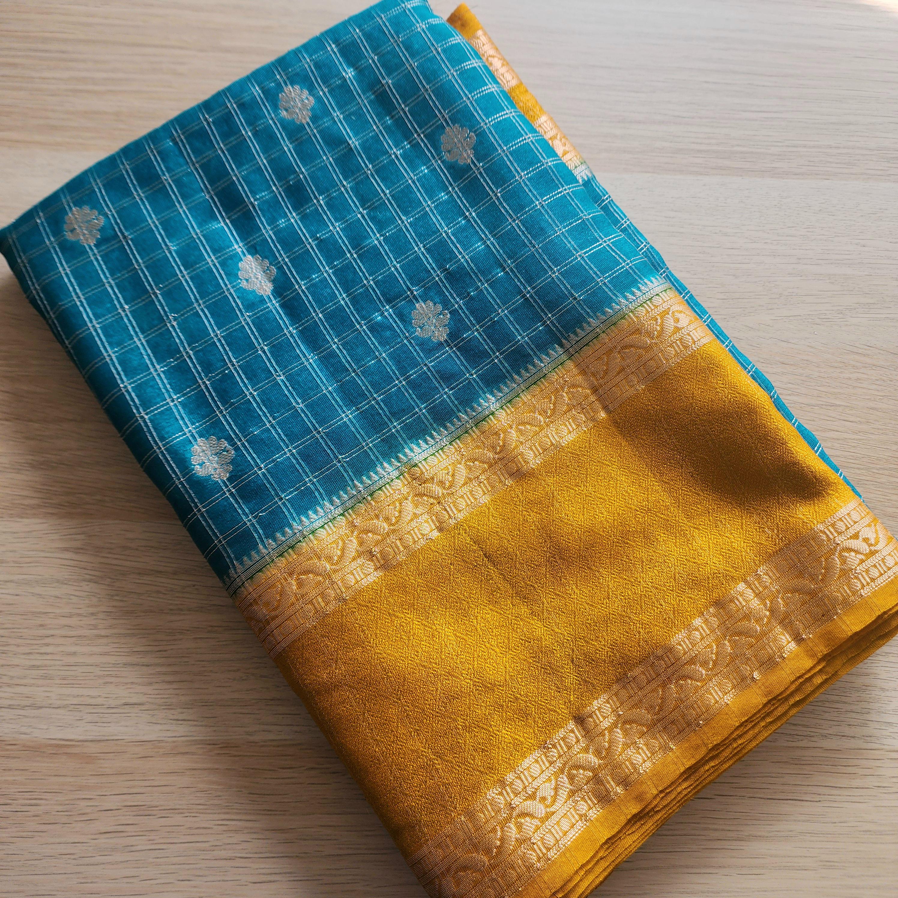 Banarasi Crepe Checks Buty in Teal & Gold Floral Motifs and Rich Border