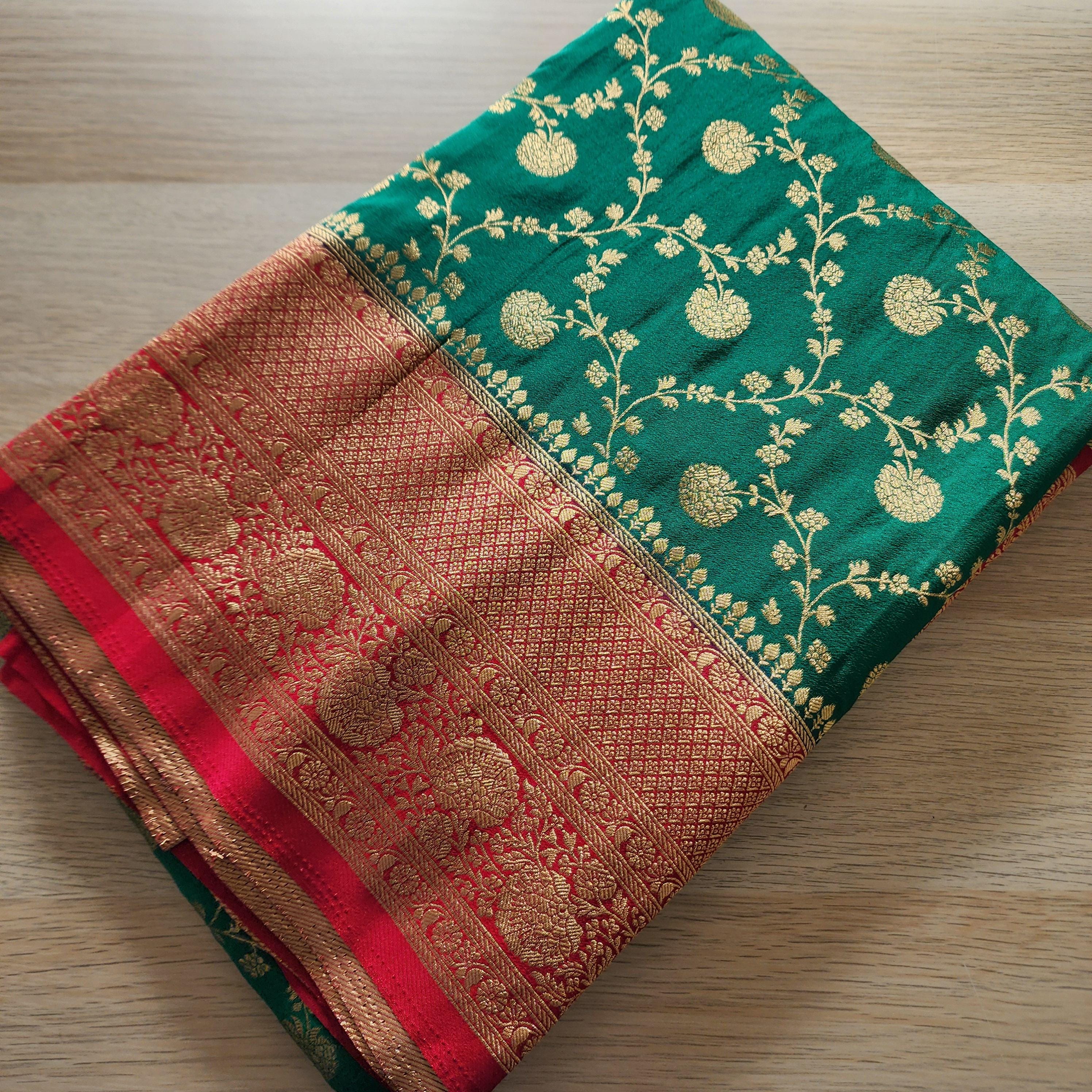 Emerald Green Banarasi Saree with traditional Red Jaal border