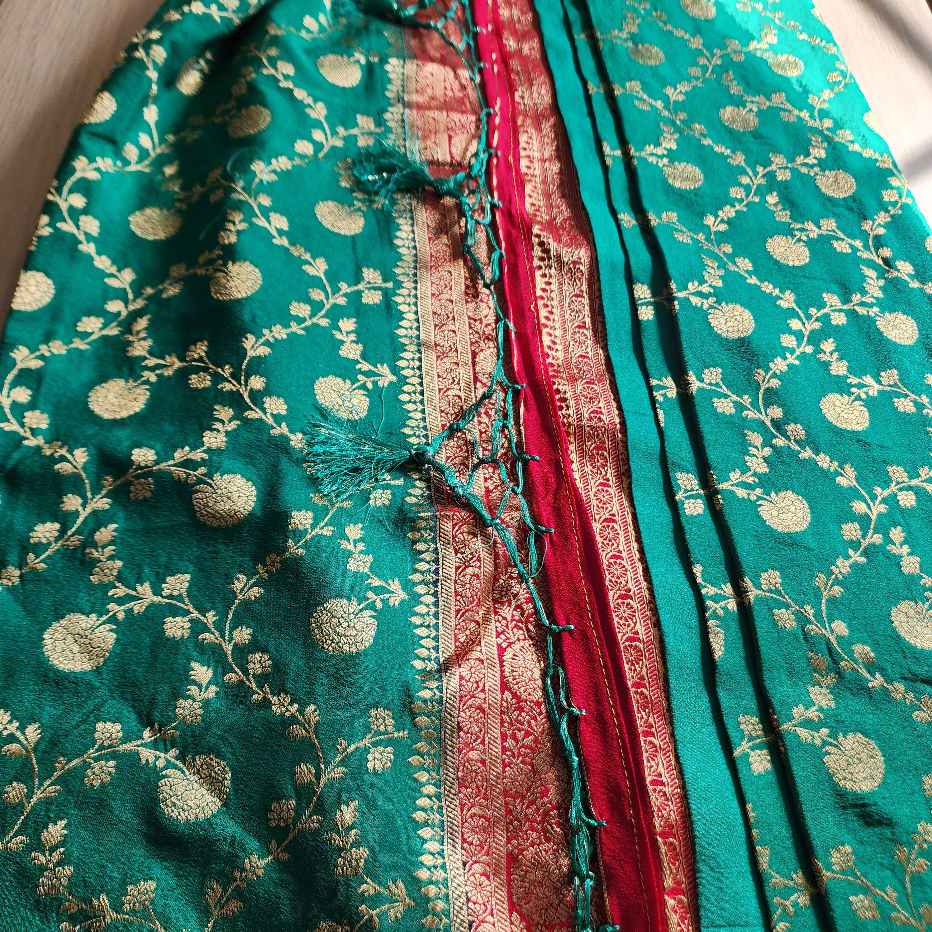 Emerald Green Banarasi Saree with traditional Red Jaal border