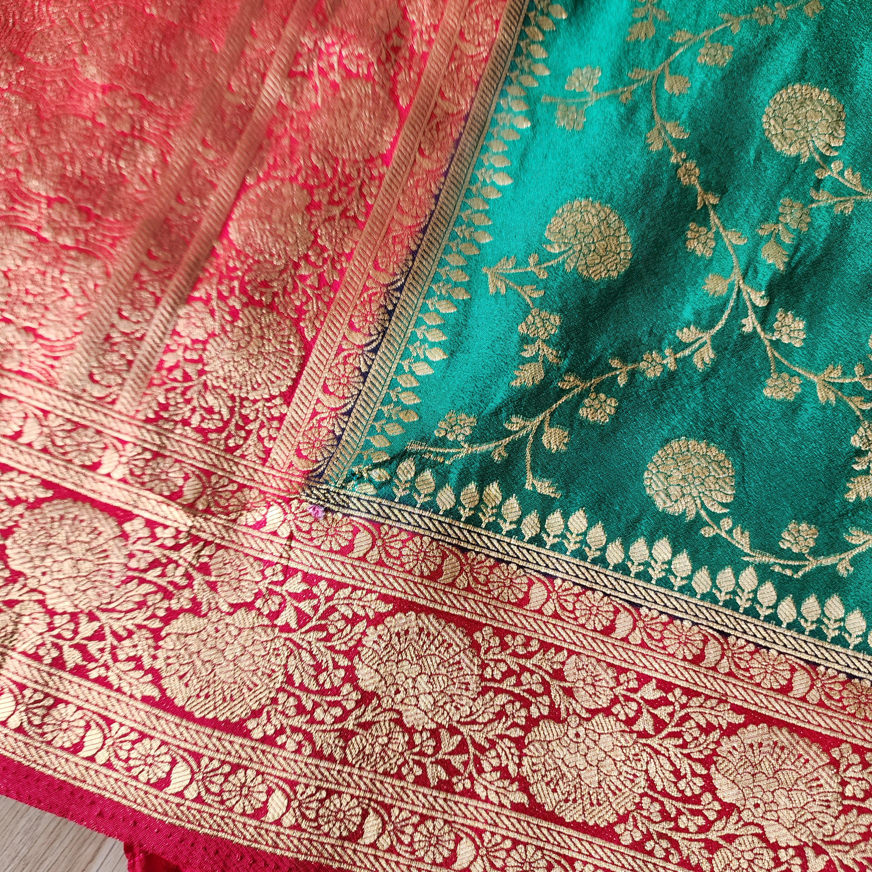Emerald Green Banarasi Saree with traditional Red Jaal border