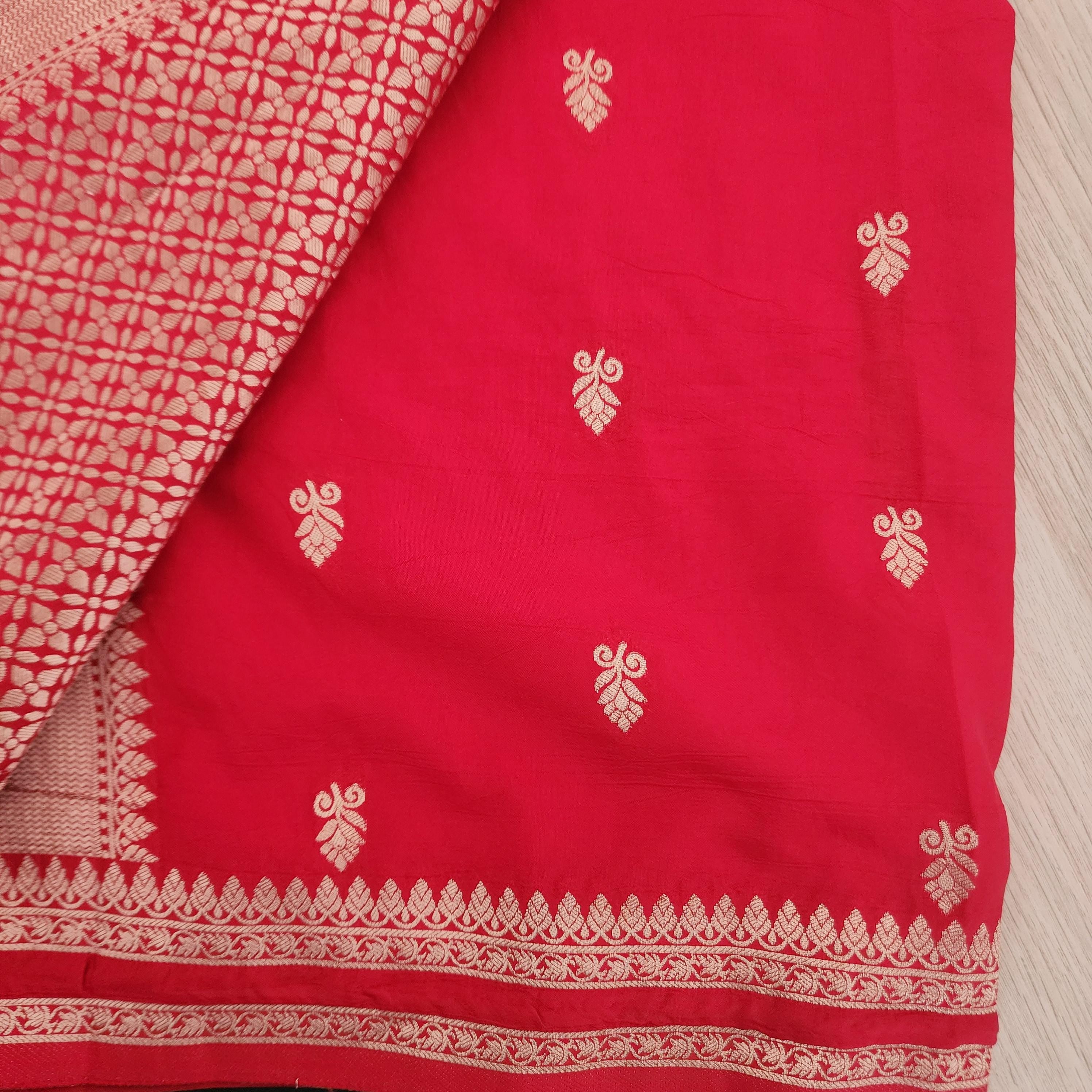 Classic Red Banarasi Crepe Silk Saree with Gold Floral Motif