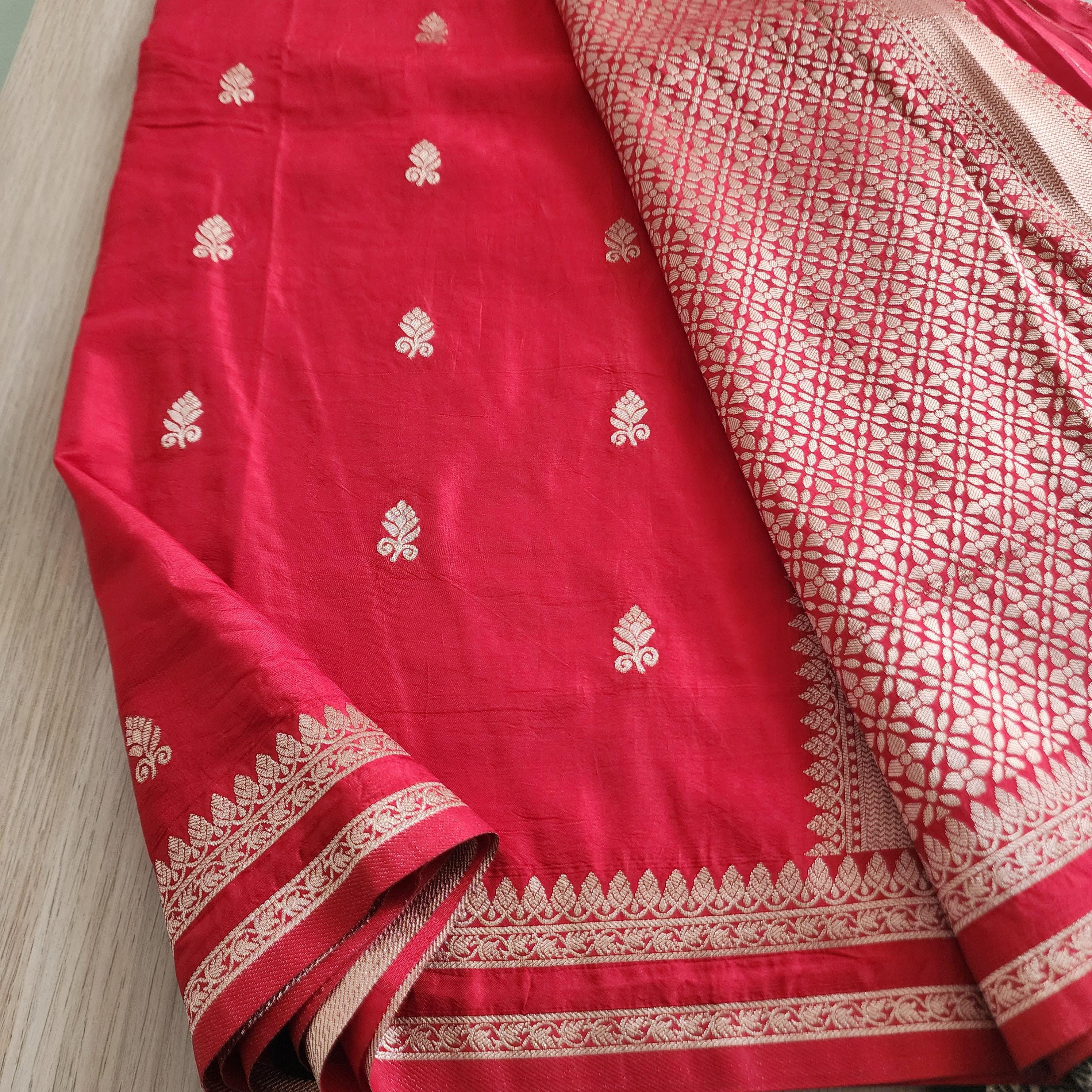 Classic Red Banarasi Crepe Silk Saree with Gold Floral Motif
