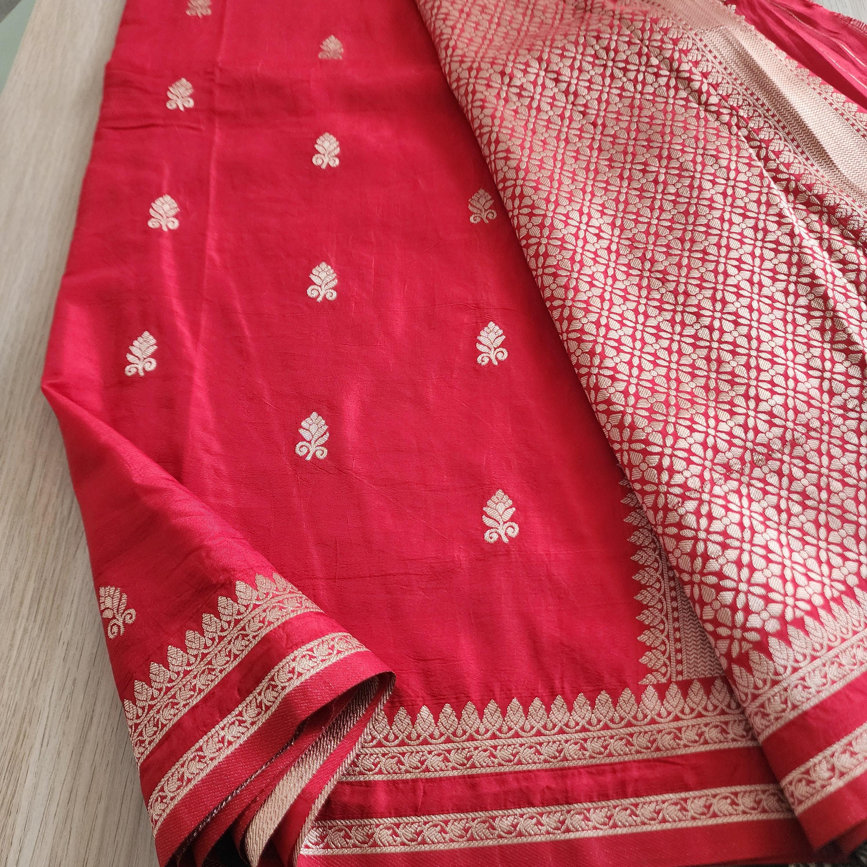 Classic Red Banarasi Crepe Silk Saree with Gold Floral Motif