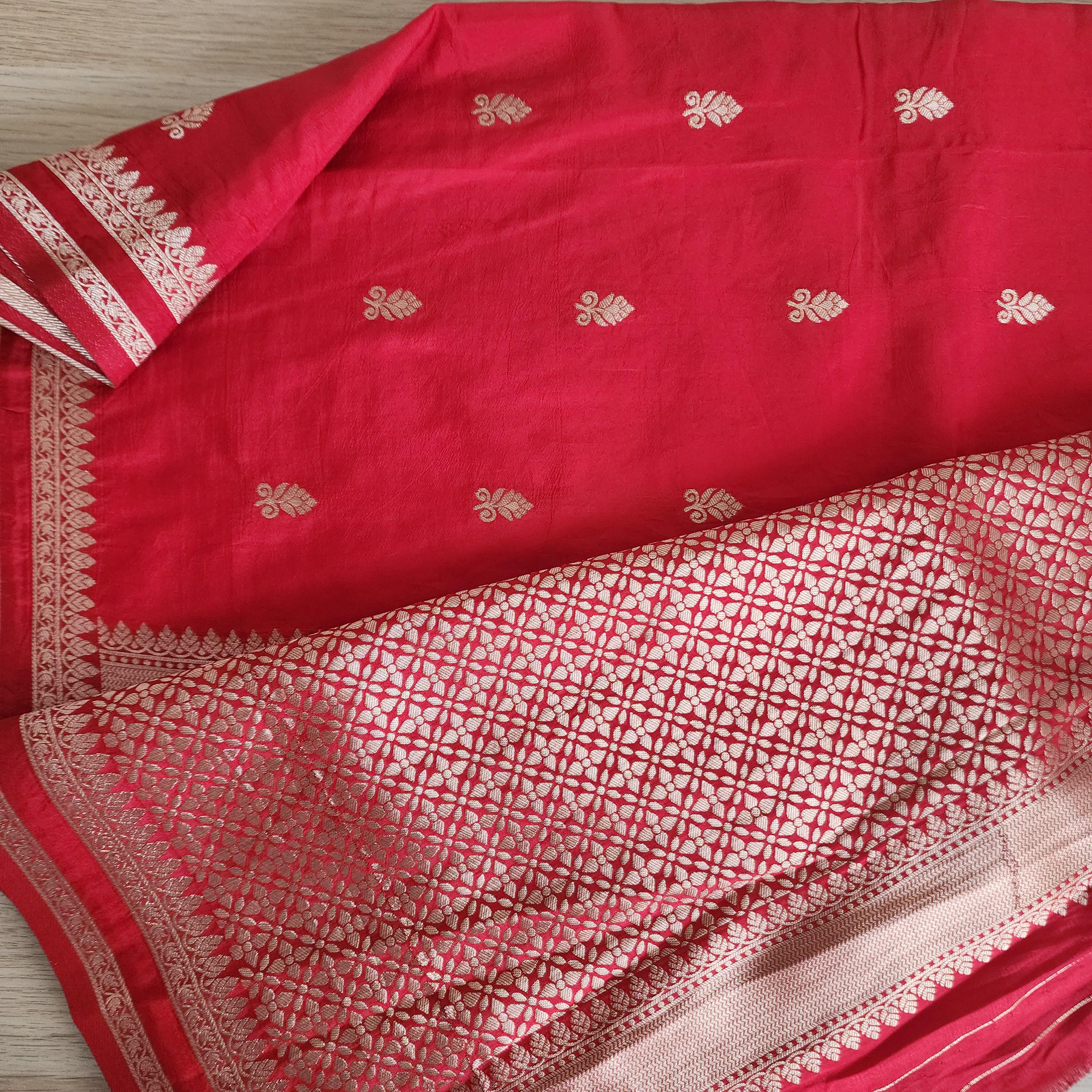 Classic Red Banarasi Crepe Silk Saree with Gold Floral Motif