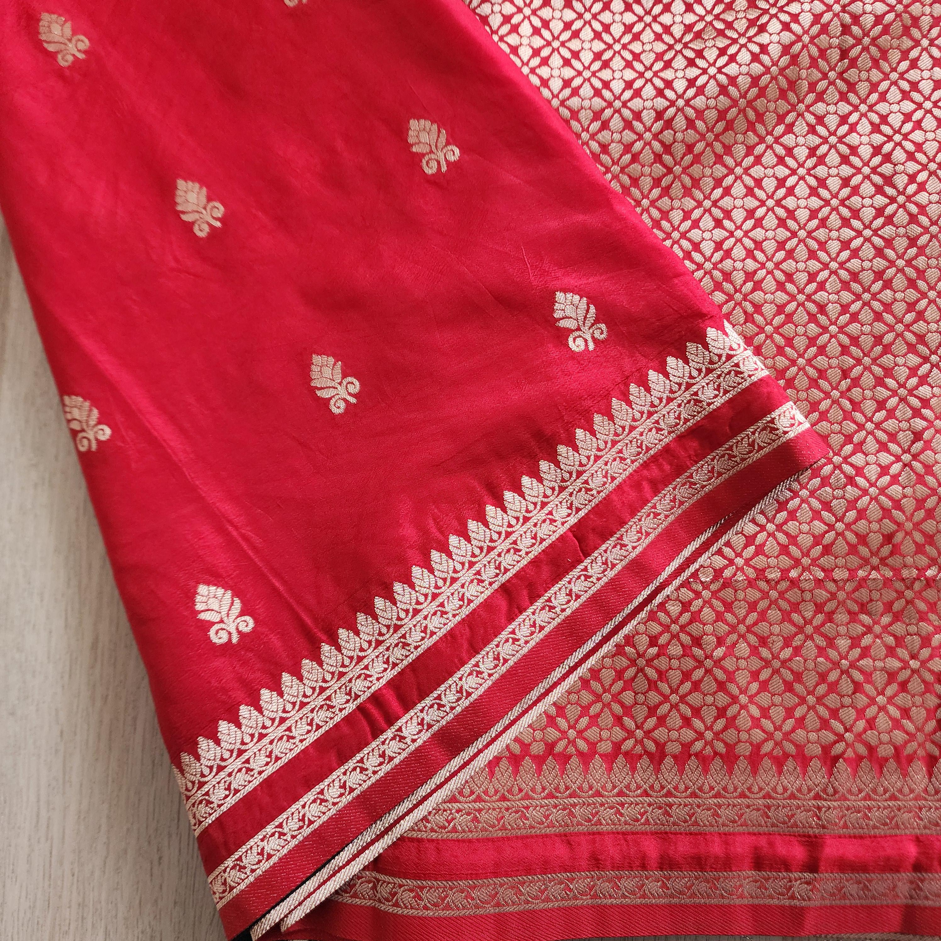 Classic Red Banarasi Crepe Silk Saree with Gold Floral Motif