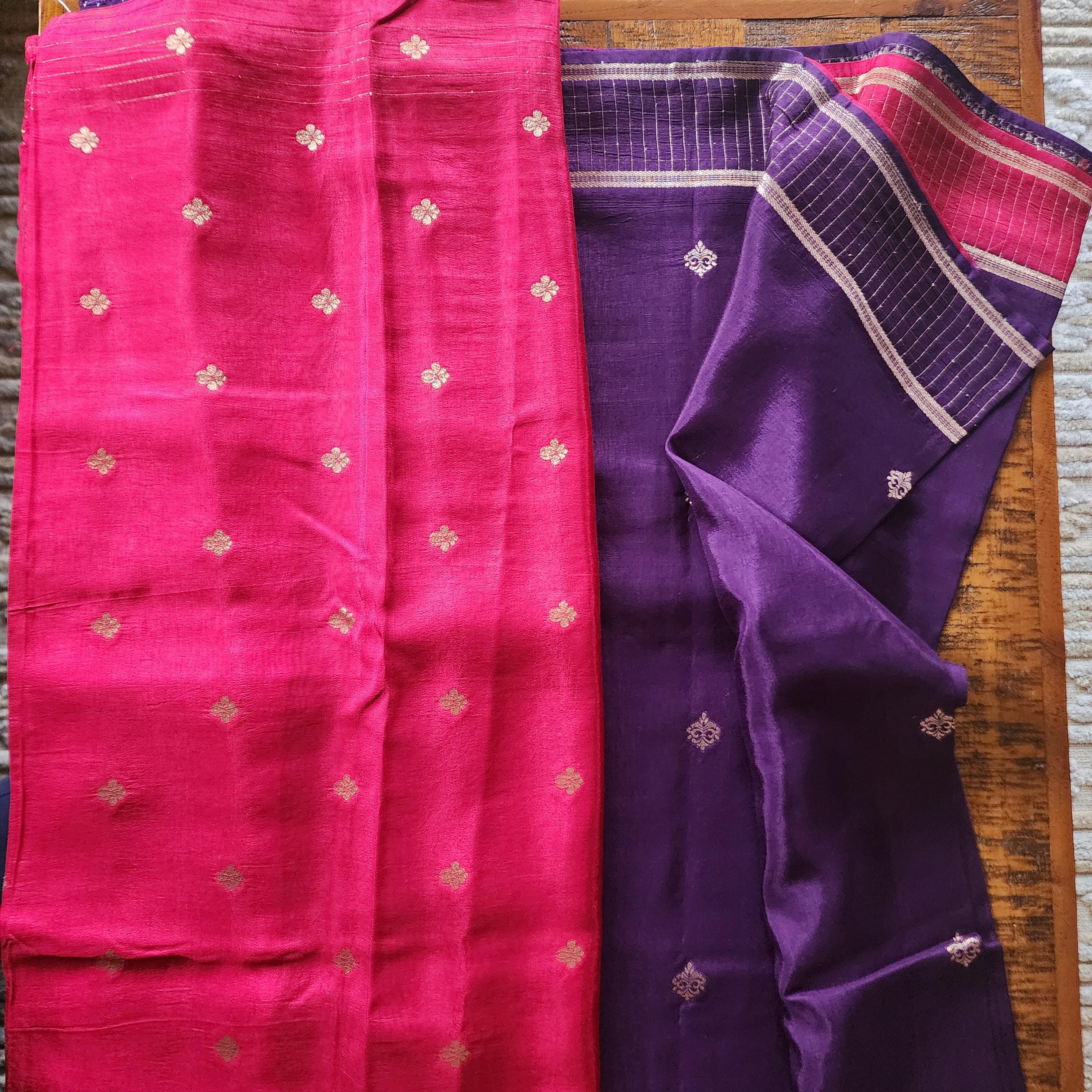 Deep Purple and Red Banarasi Silk Saree with Checkered Skirt Border
