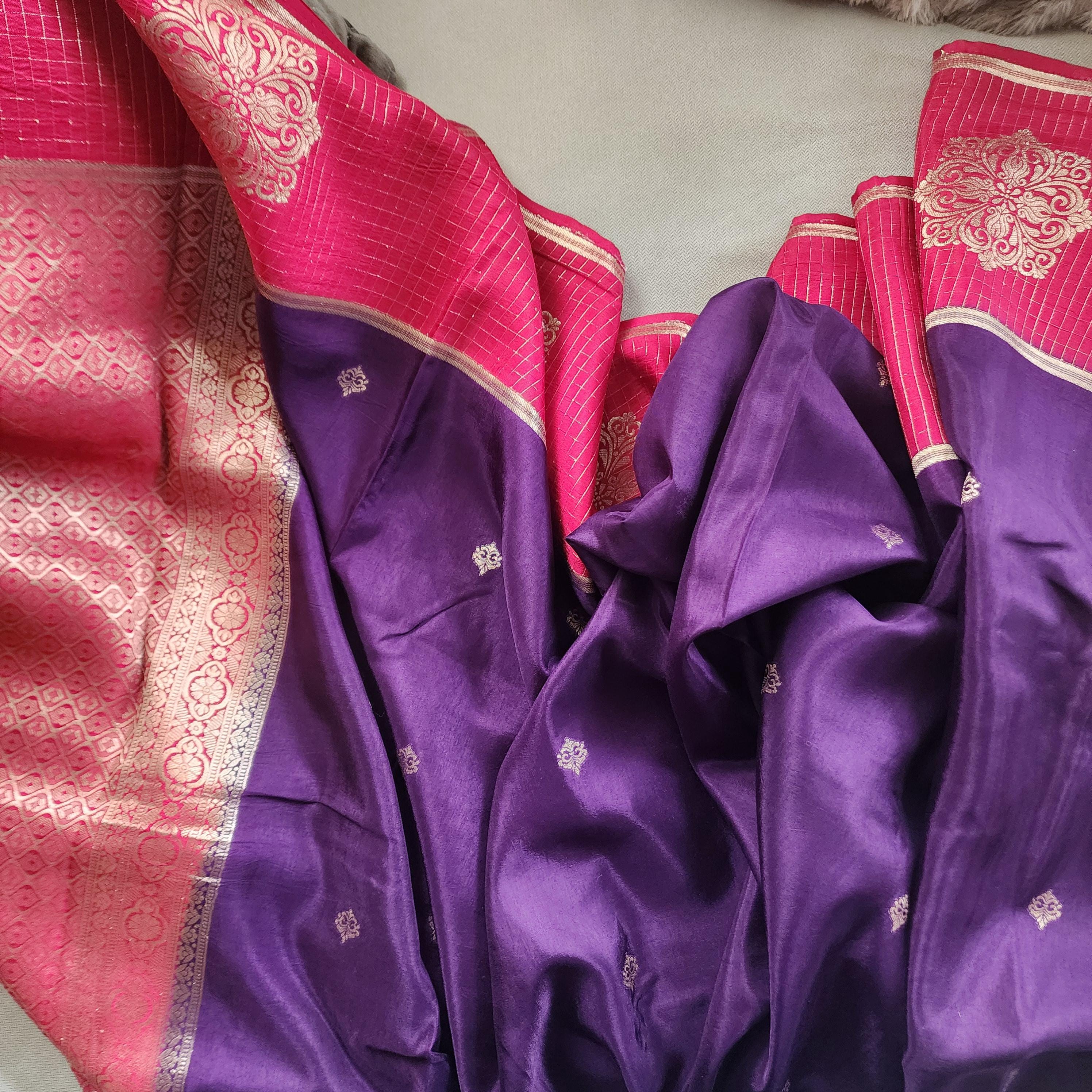 Deep Purple and Red Banarasi Silk Saree with Checkered Skirt Border
