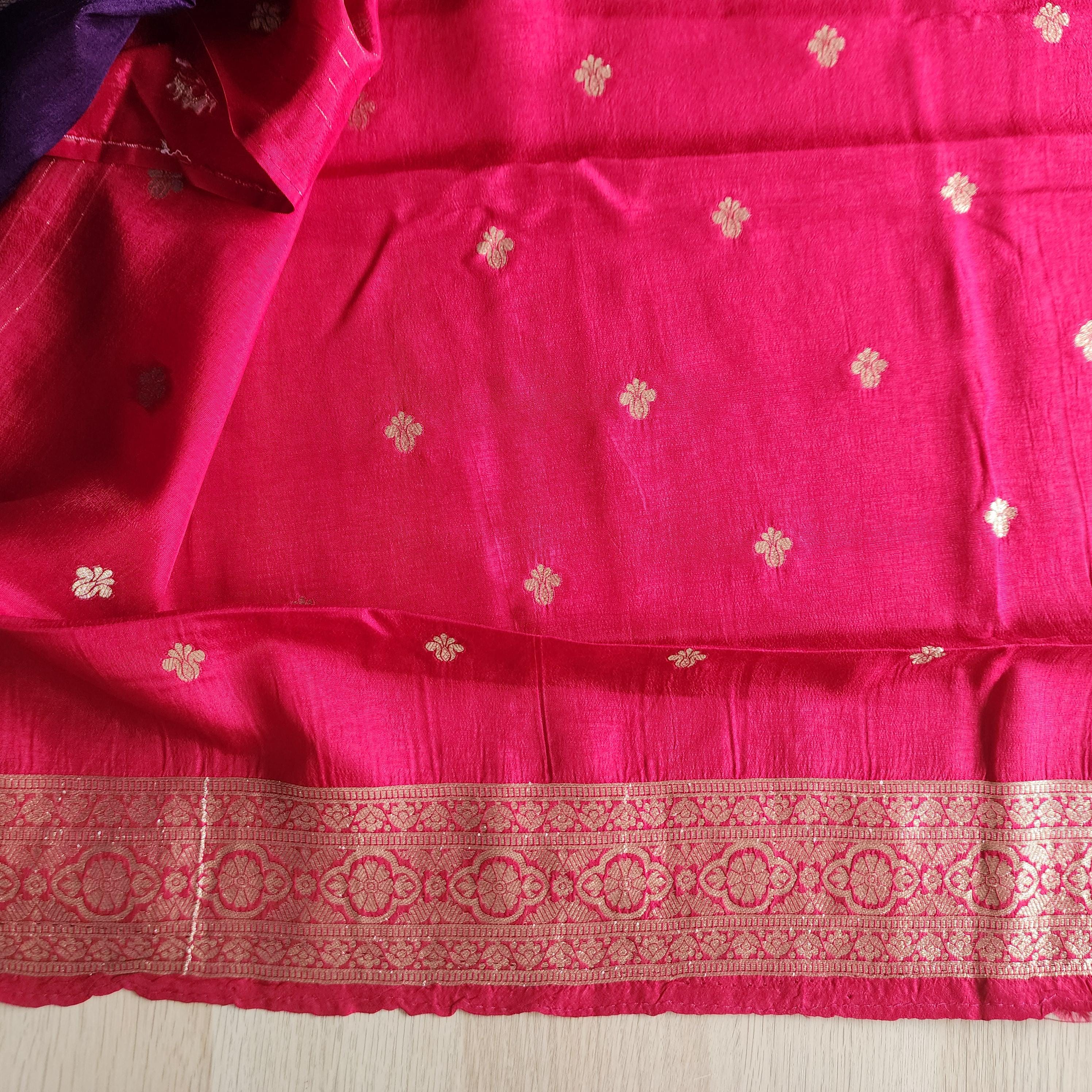 Deep Purple and Red Banarasi Silk Saree with Checkered Skirt Border
