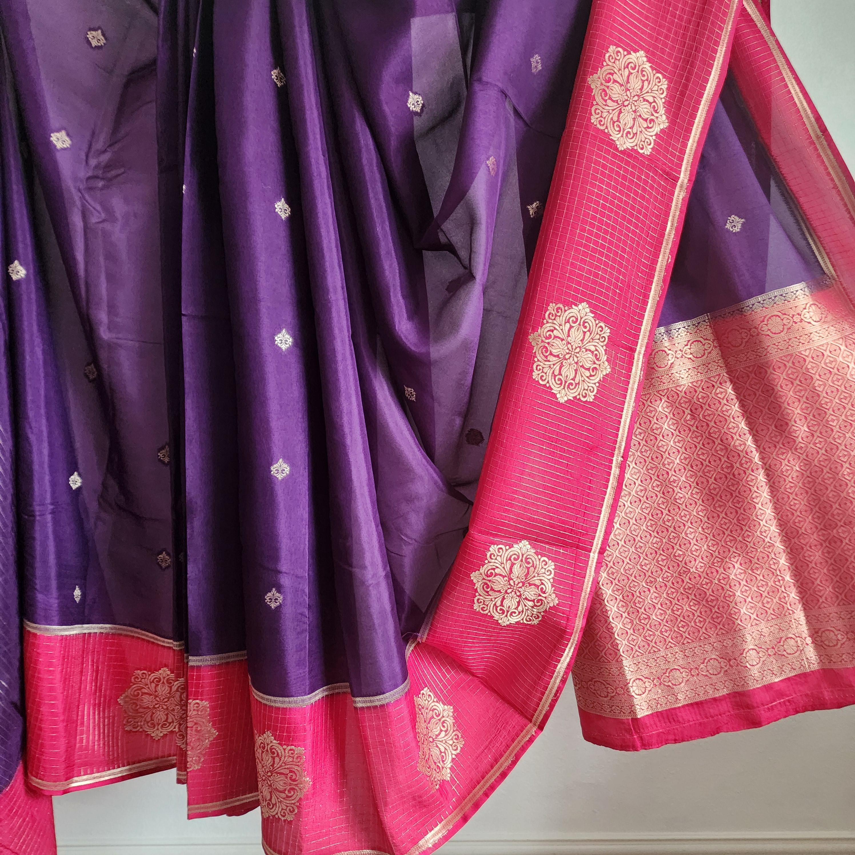 Deep Purple and Red Banarasi Silk Saree with Checkered Skirt Border