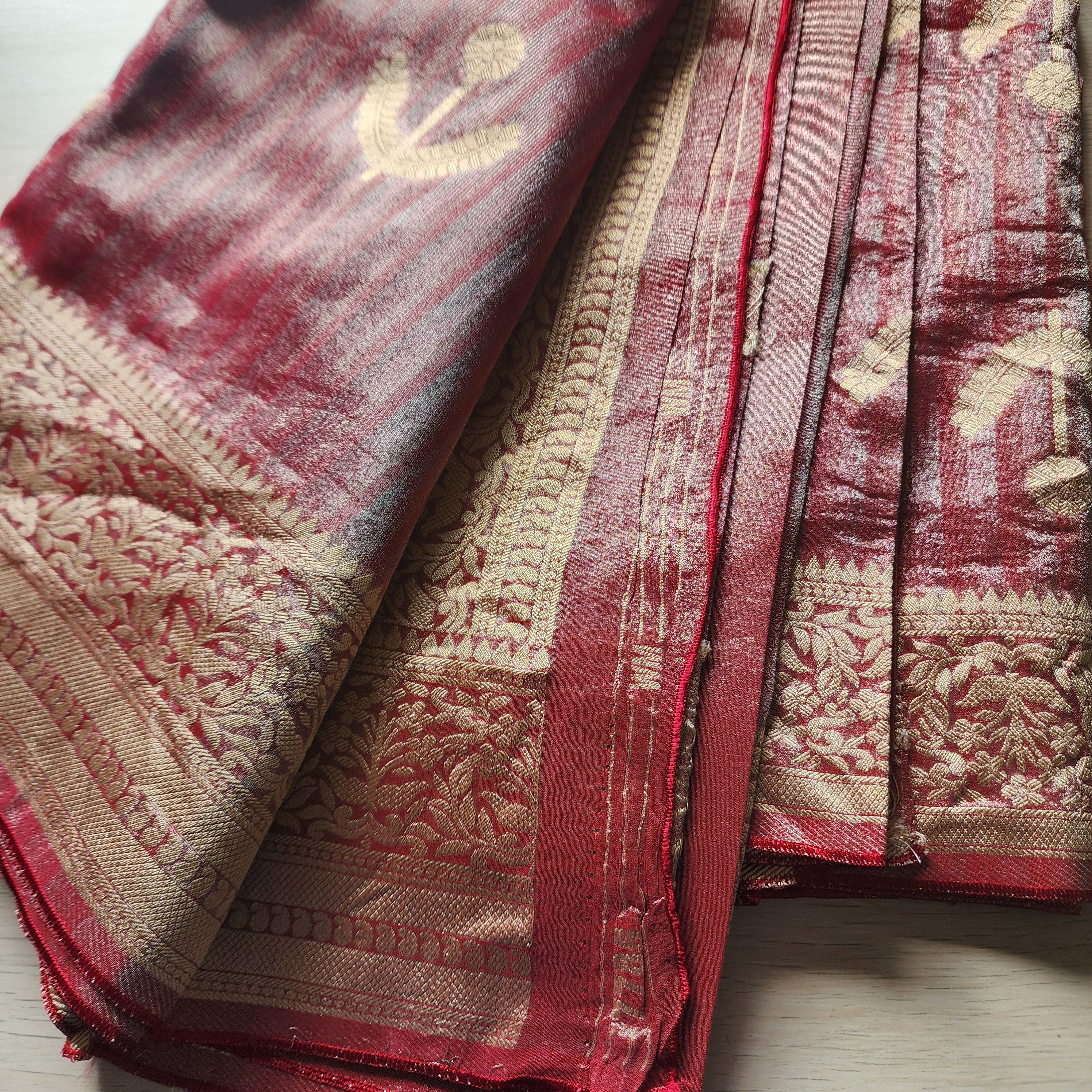 Maroon Handwoven Tissue Silk Saree with Reshmi Gold Multi patti