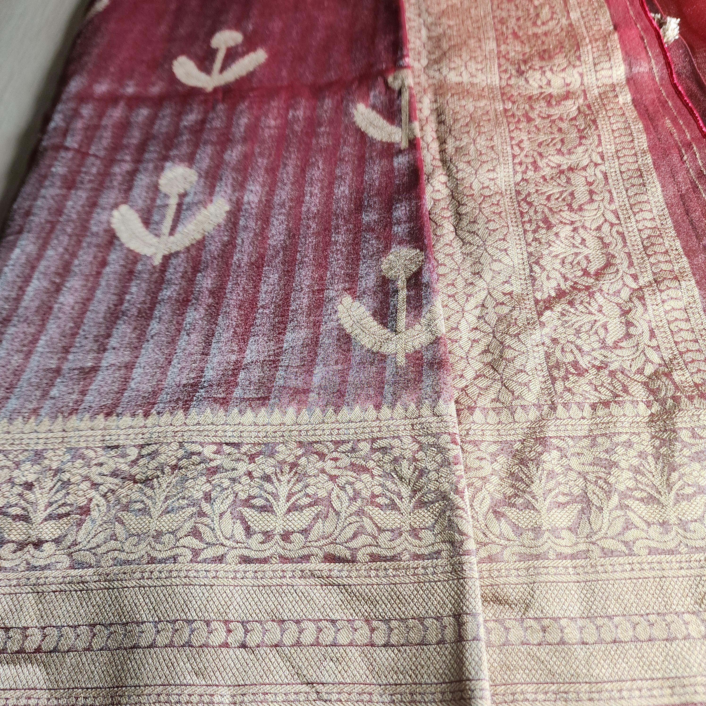 Maroon Handwoven Tissue Silk Saree with Reshmi Gold Multi patti