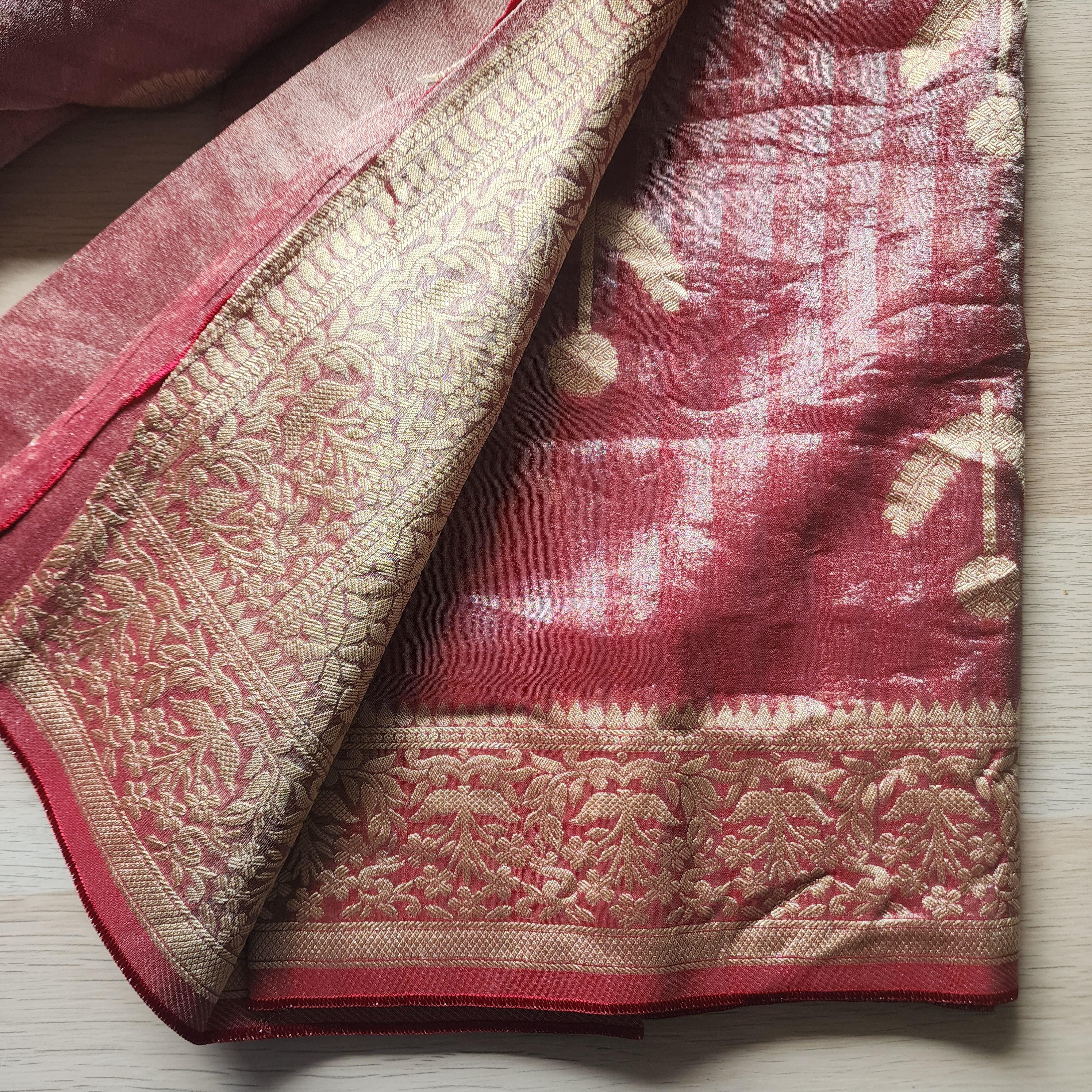 Maroon Handwoven Tissue Silk Saree with Reshmi Gold Multi patti