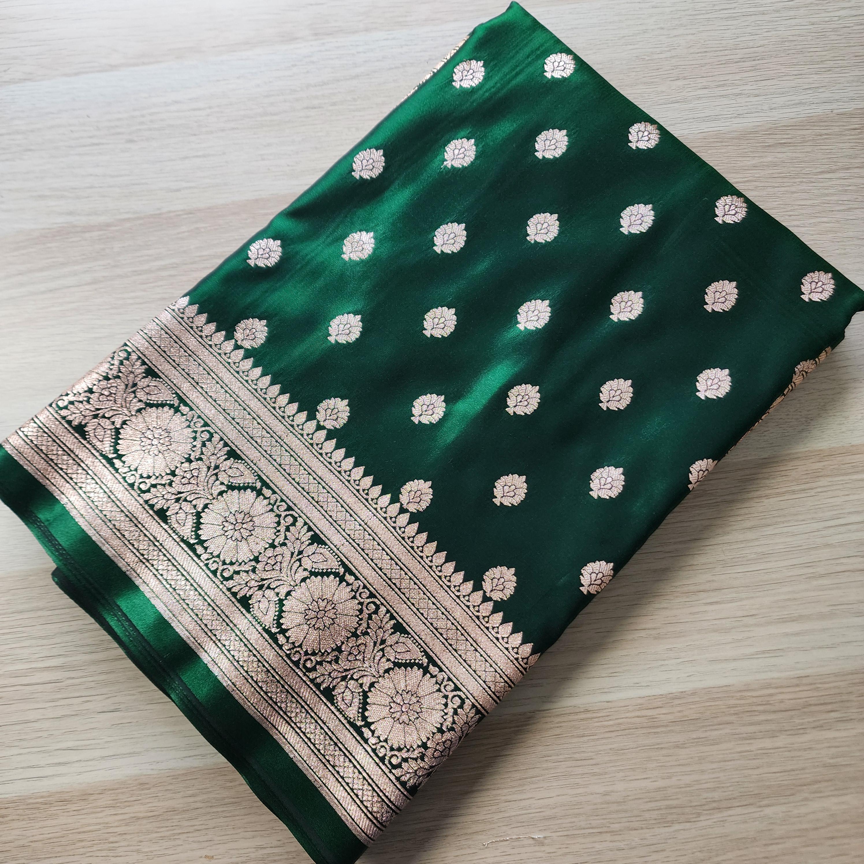 Traditional Bottle Green Silk Saree with Banarasi handweaving