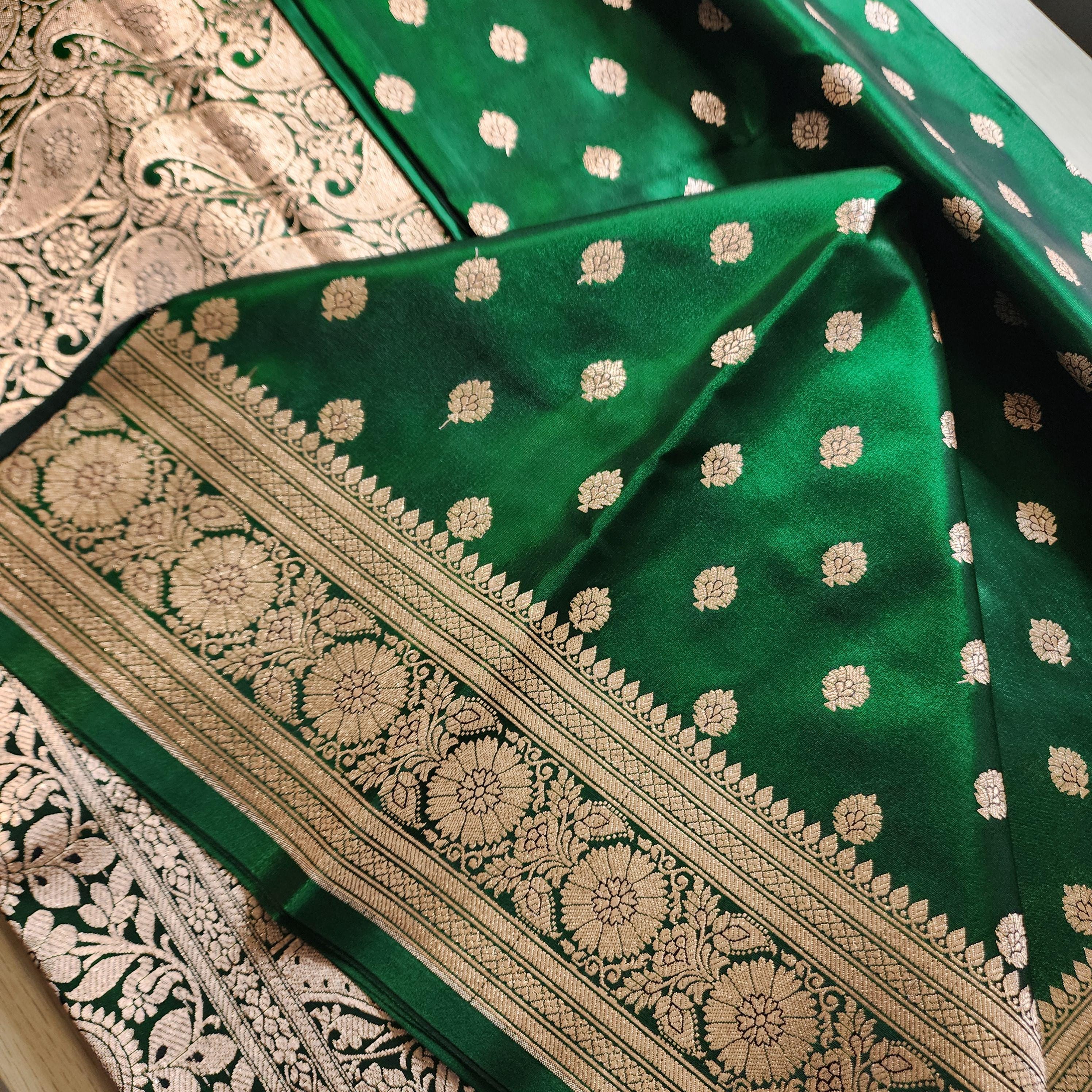 Traditional Bottle Green Silk Saree with Banarasi handweaving