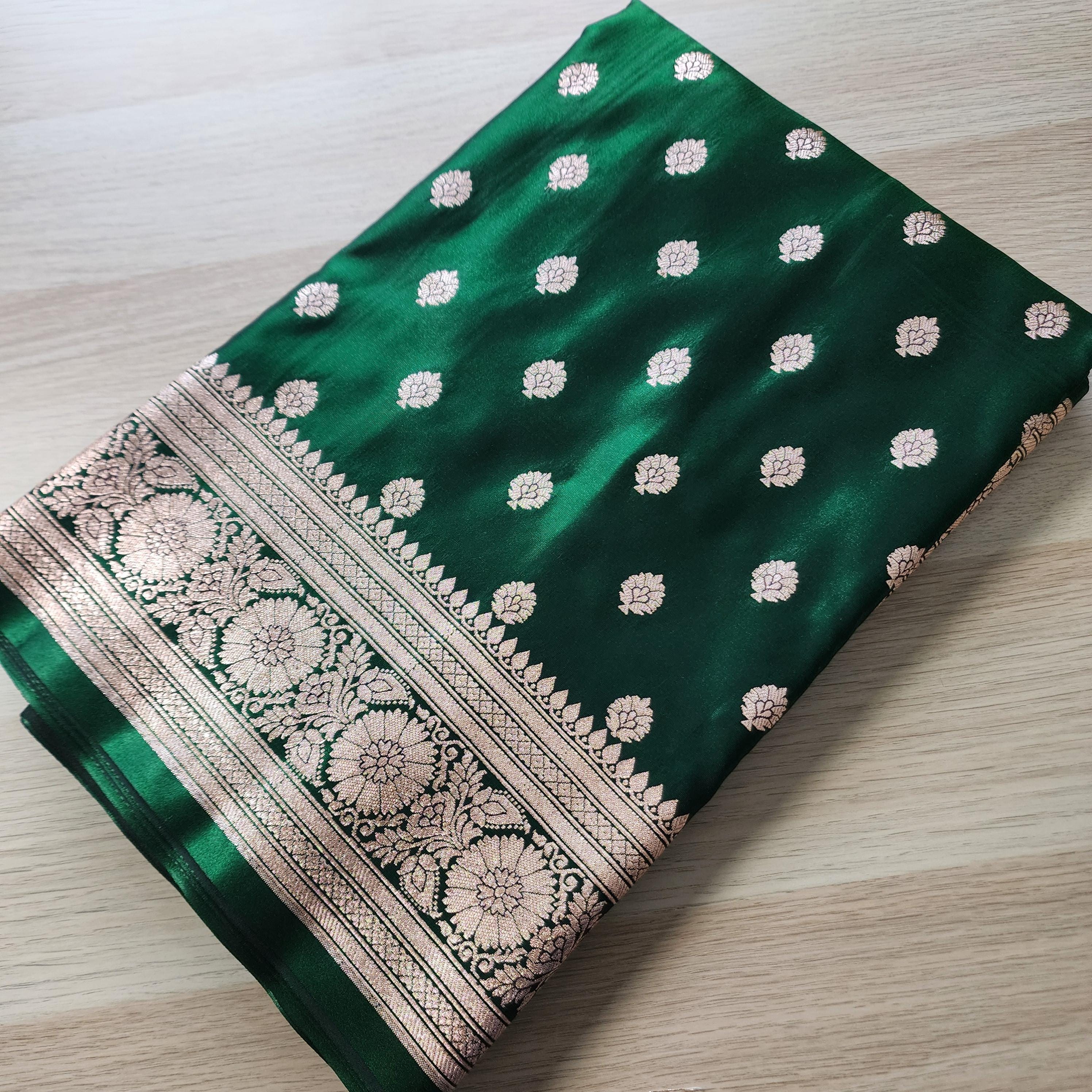 Traditional Bottle Green Silk Saree with Banarasi handweaving