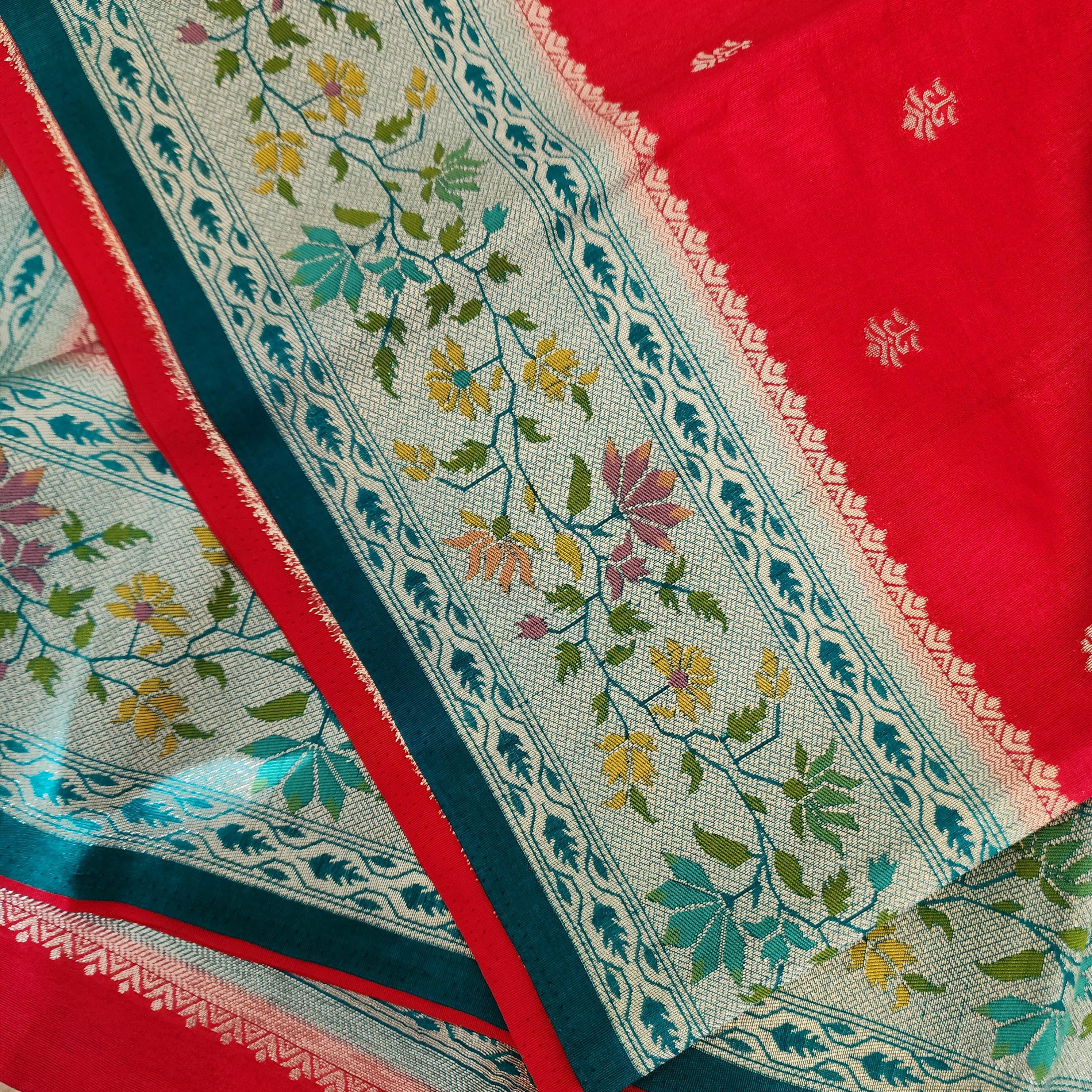 Banarasi Silk Saree Red Meenakari Zari Border & Palla