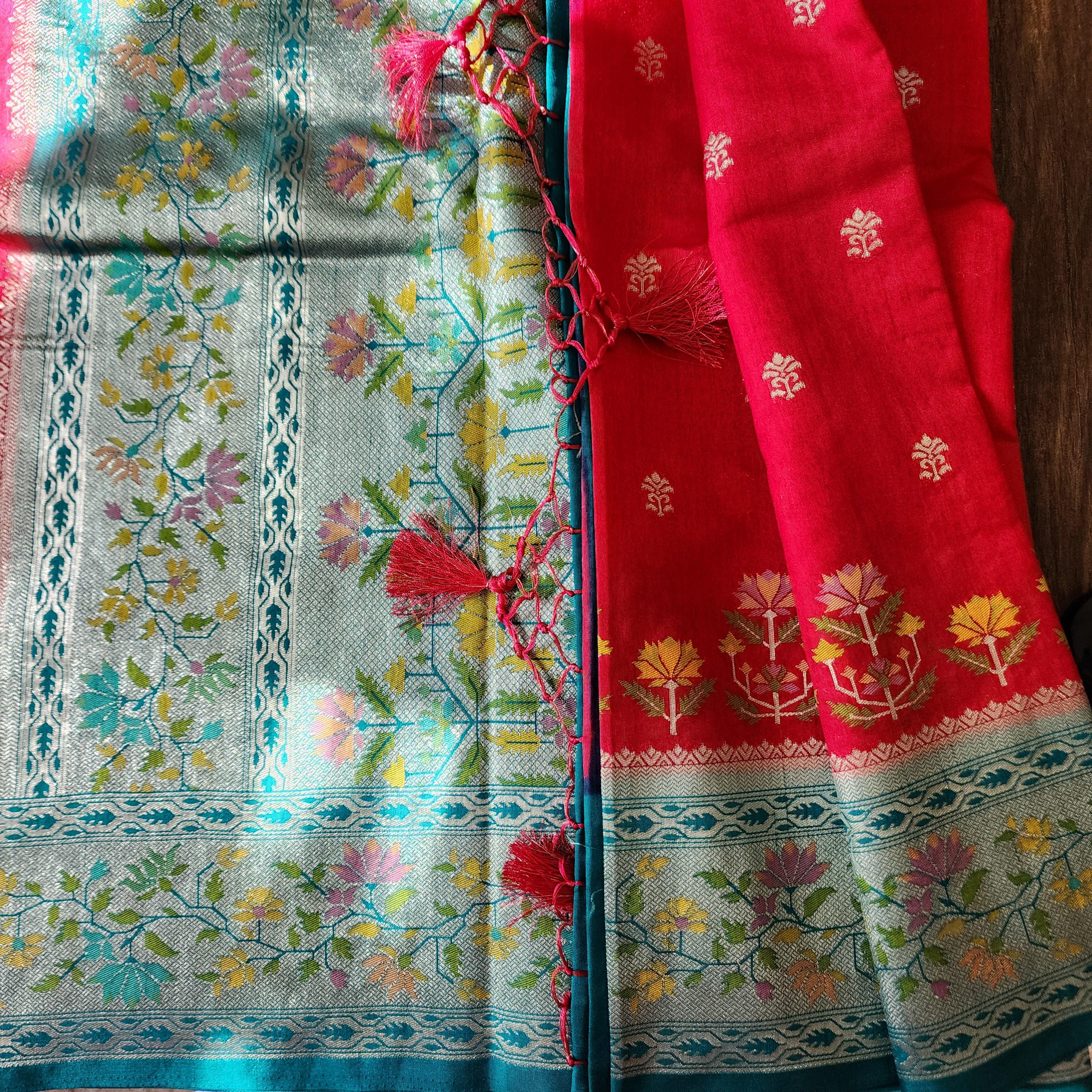 Banarasi Silk Saree Red Meenakari Zari Border & Palla