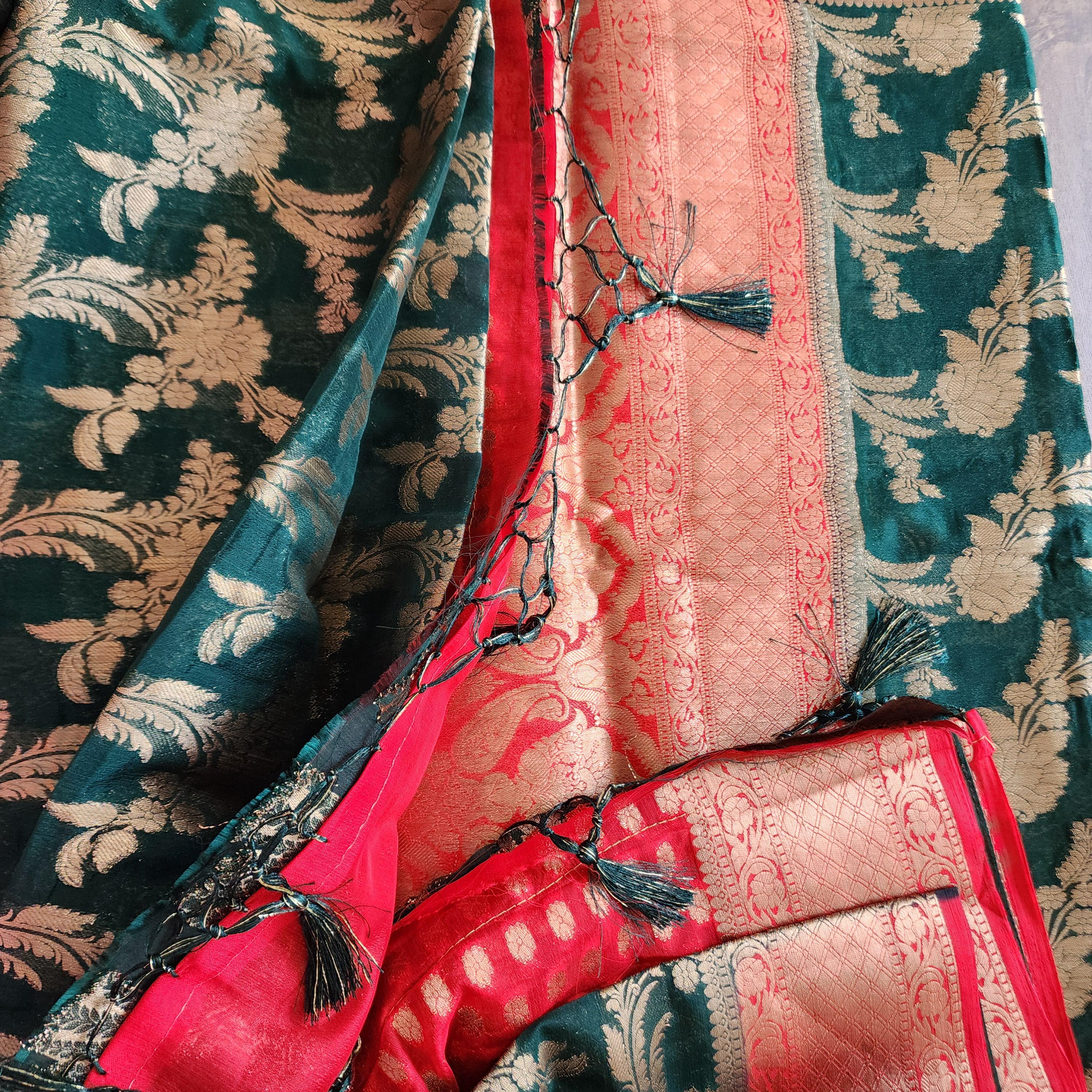 Banarasi Chinon Silk Saree with Green Gold Jaal