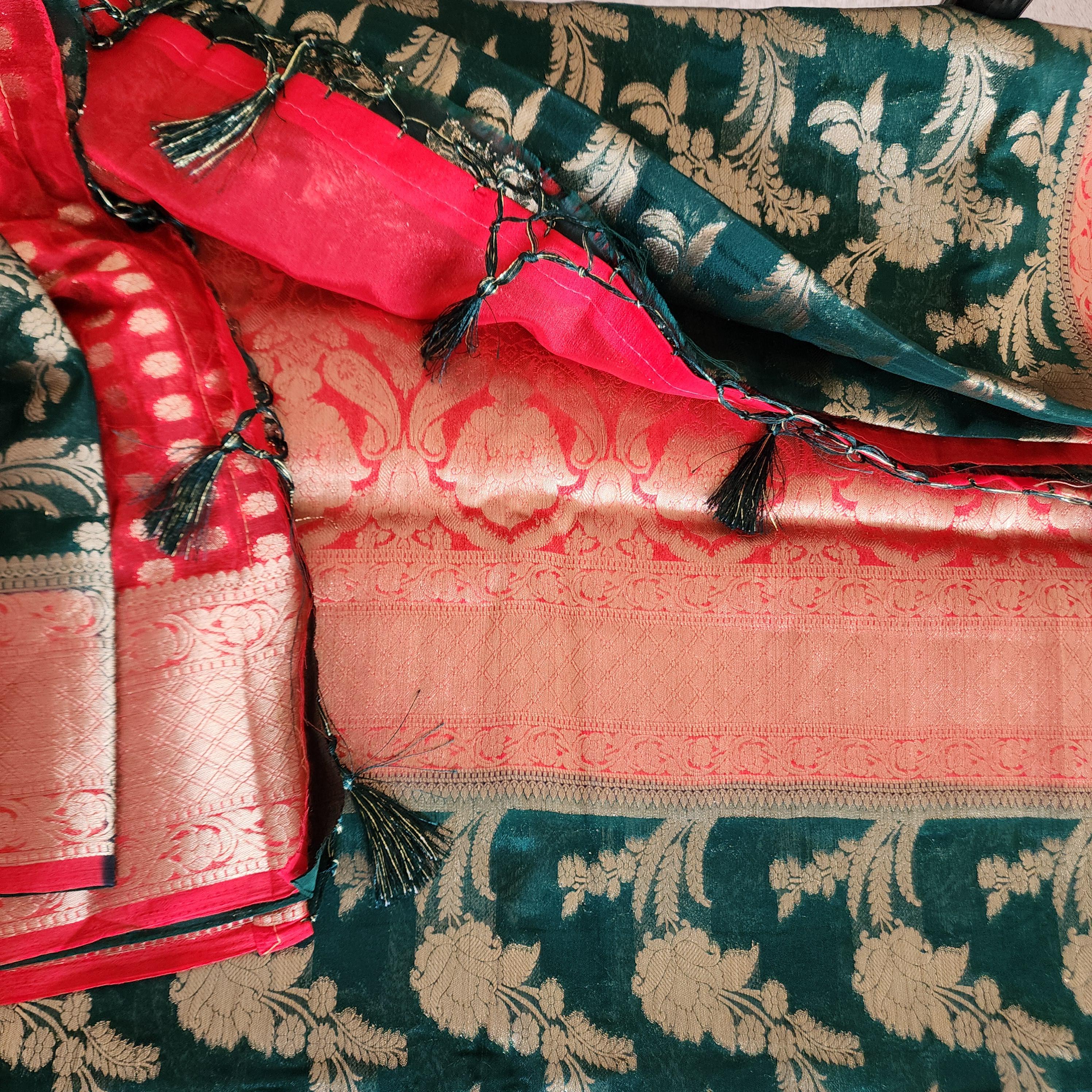 Banarasi Chinon Silk Saree with Green Gold Jaal