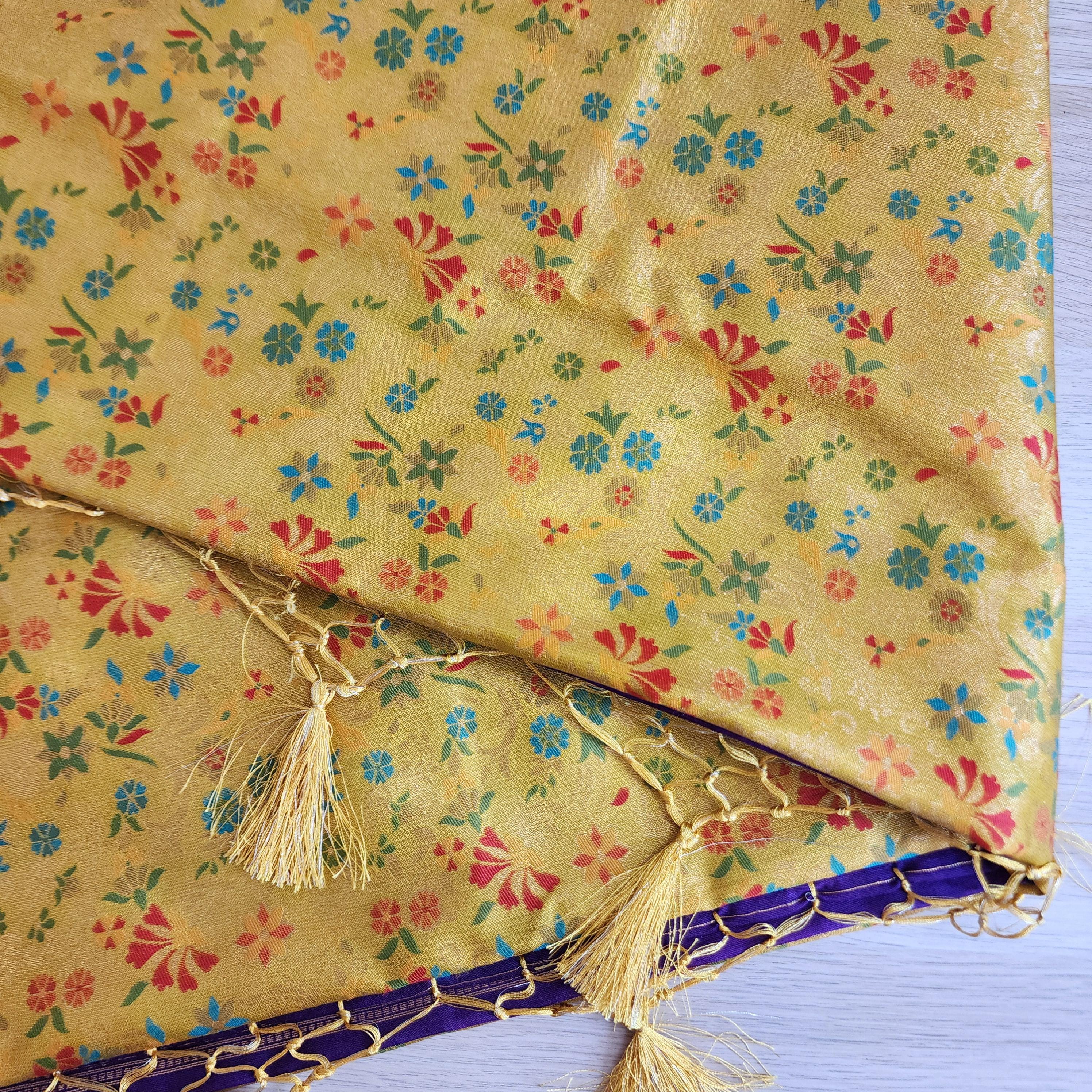 Elegant Yellow Banarasi Silk Saree with Floral Meenakari Work