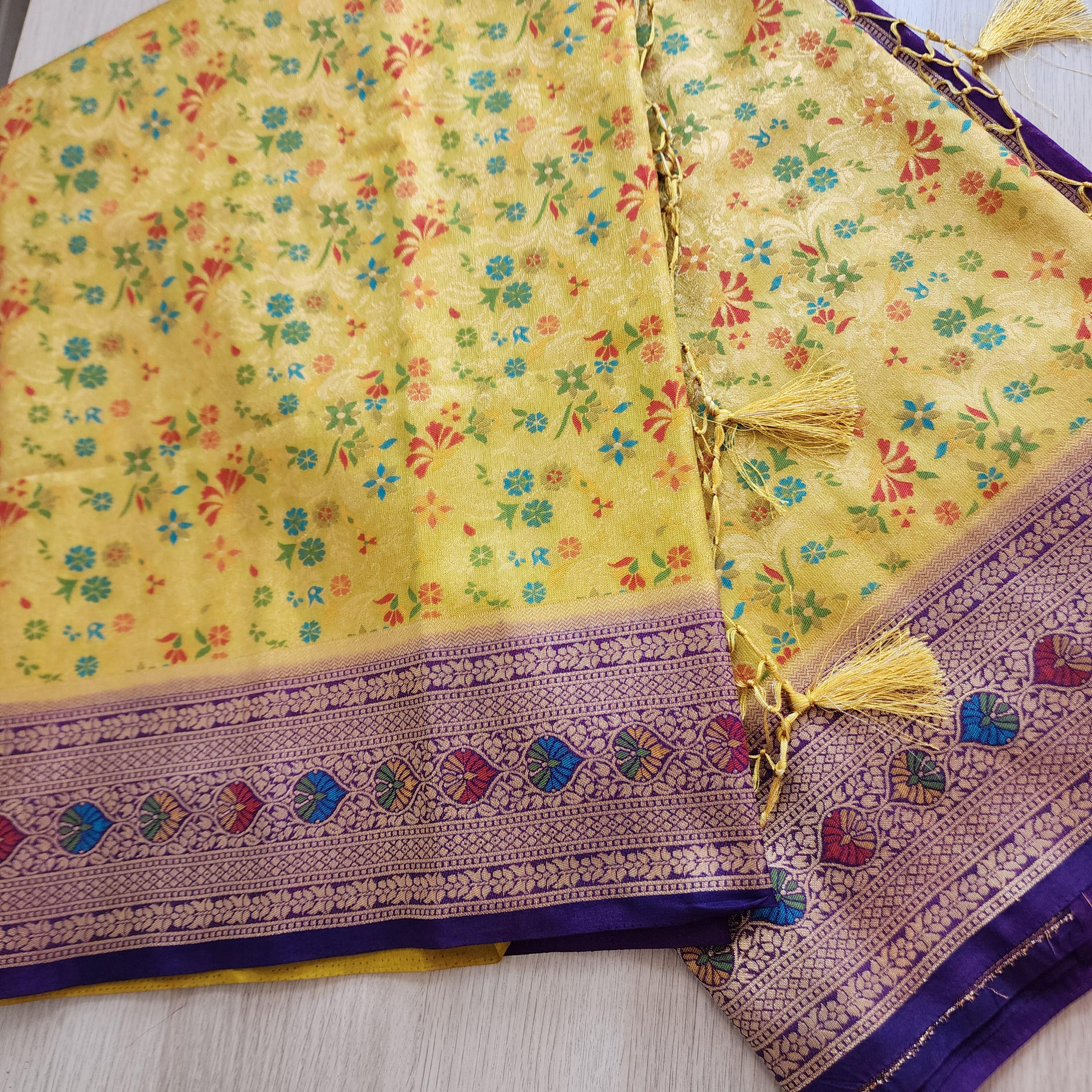Elegant Yellow Banarasi Silk Saree with Floral Meenakari Work