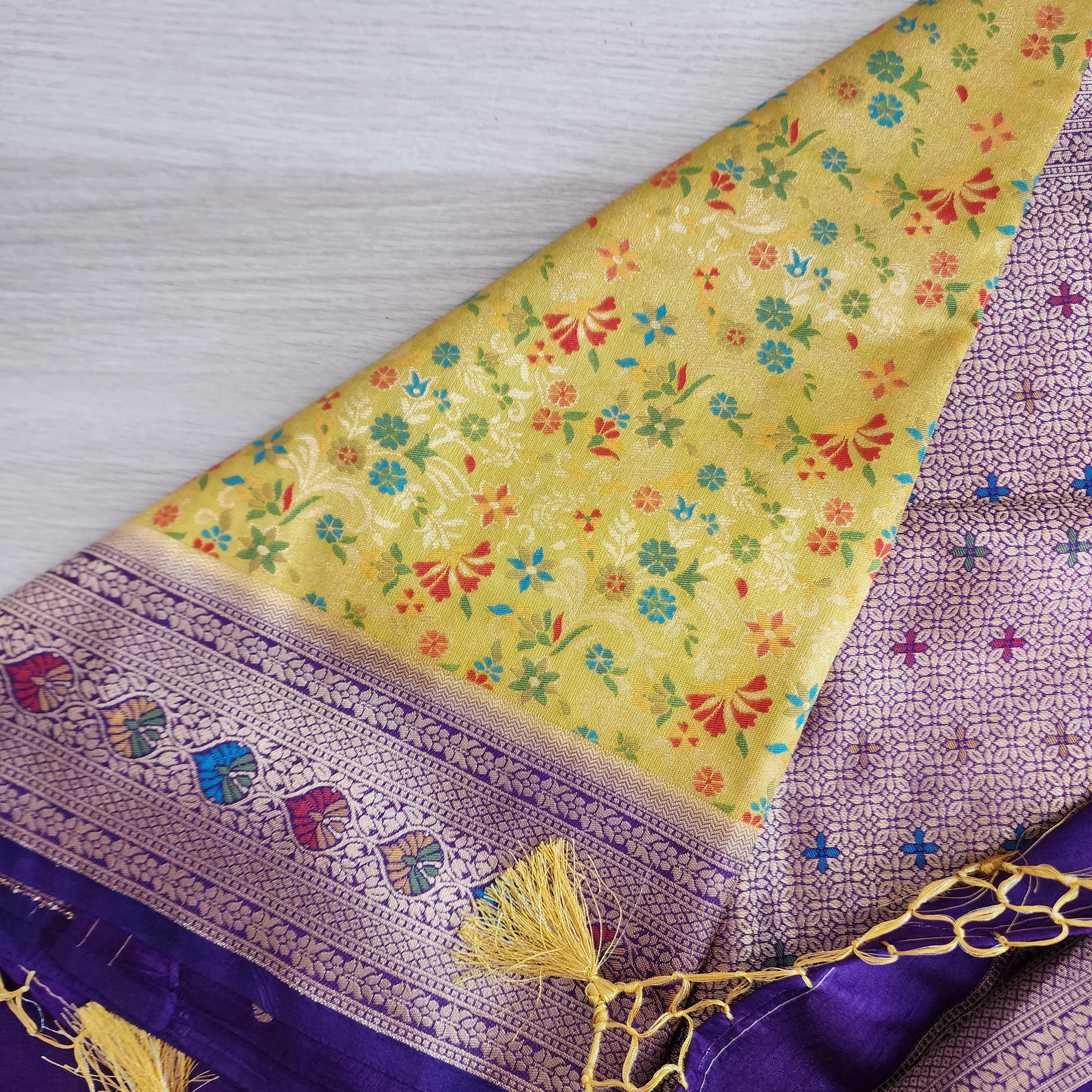 Elegant Yellow Banarasi Silk Saree with Floral Meenakari Work