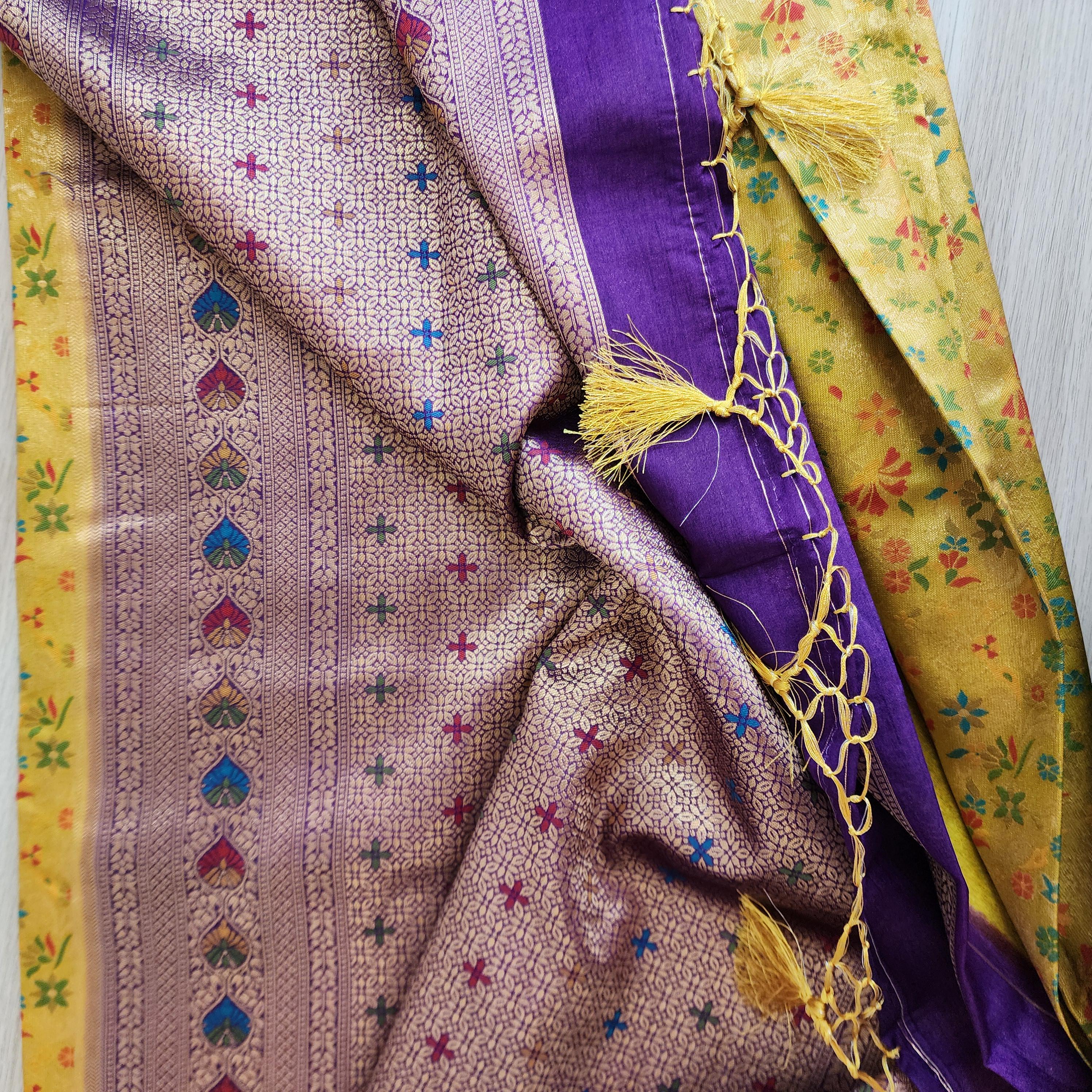 Elegant Yellow Banarasi Silk Saree with Floral Meenakari Work